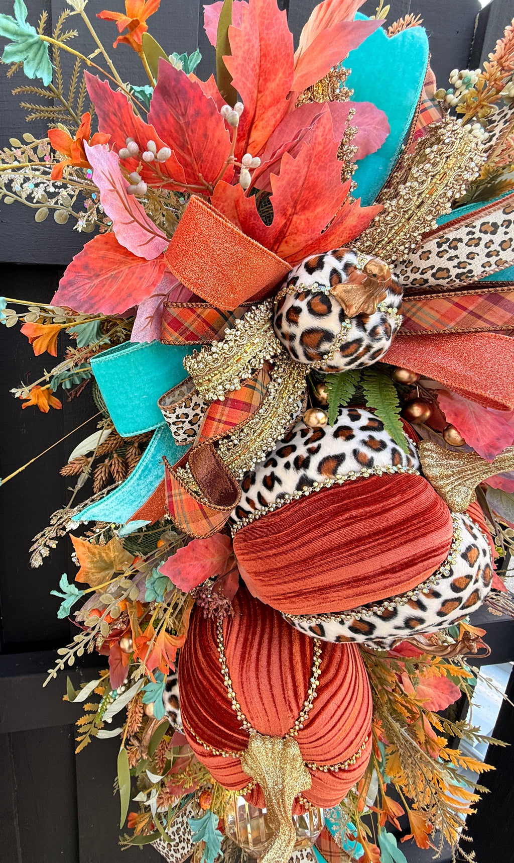 Luxury Teal & Leopard Fall Door Swag | Elegant Autumn Front Door Decor