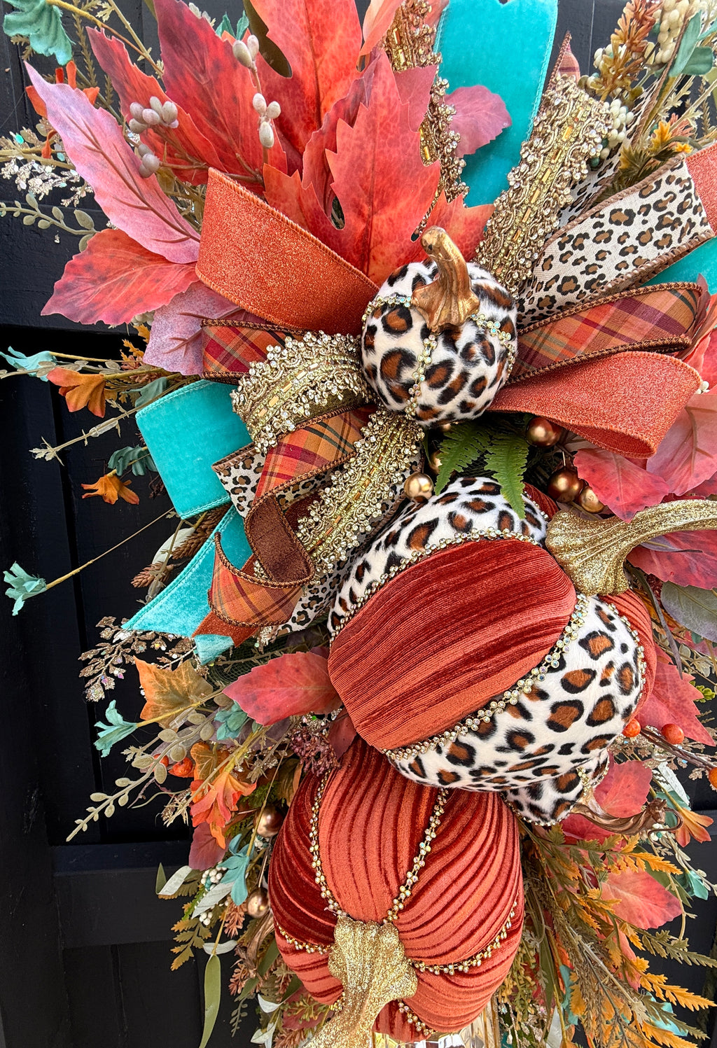 Luxury Teal & Leopard Fall Door Swag | Elegant Autumn Front Door Decor