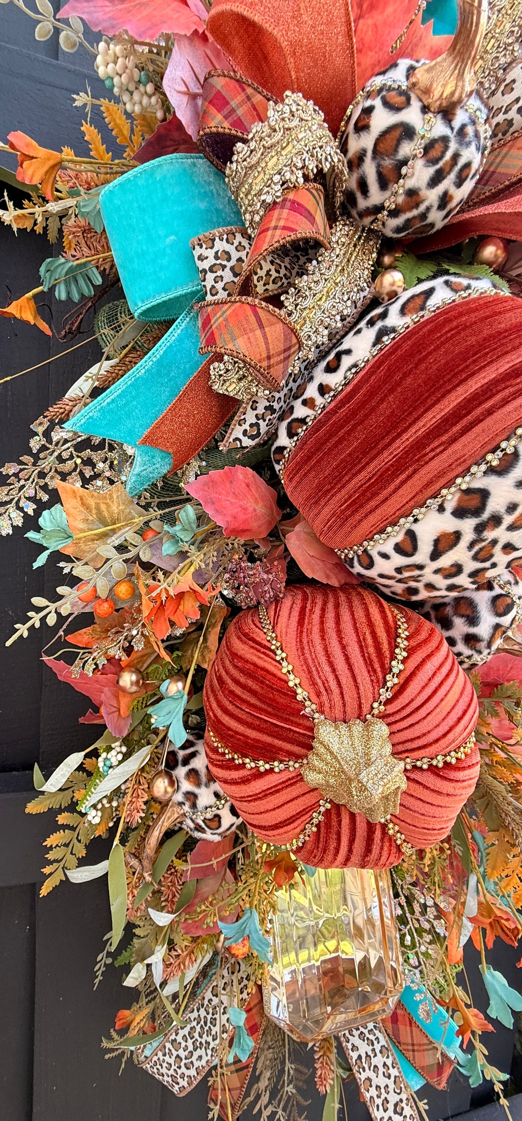 Luxury Teal & Leopard Fall Door Swag | Elegant Autumn Front Door Decor