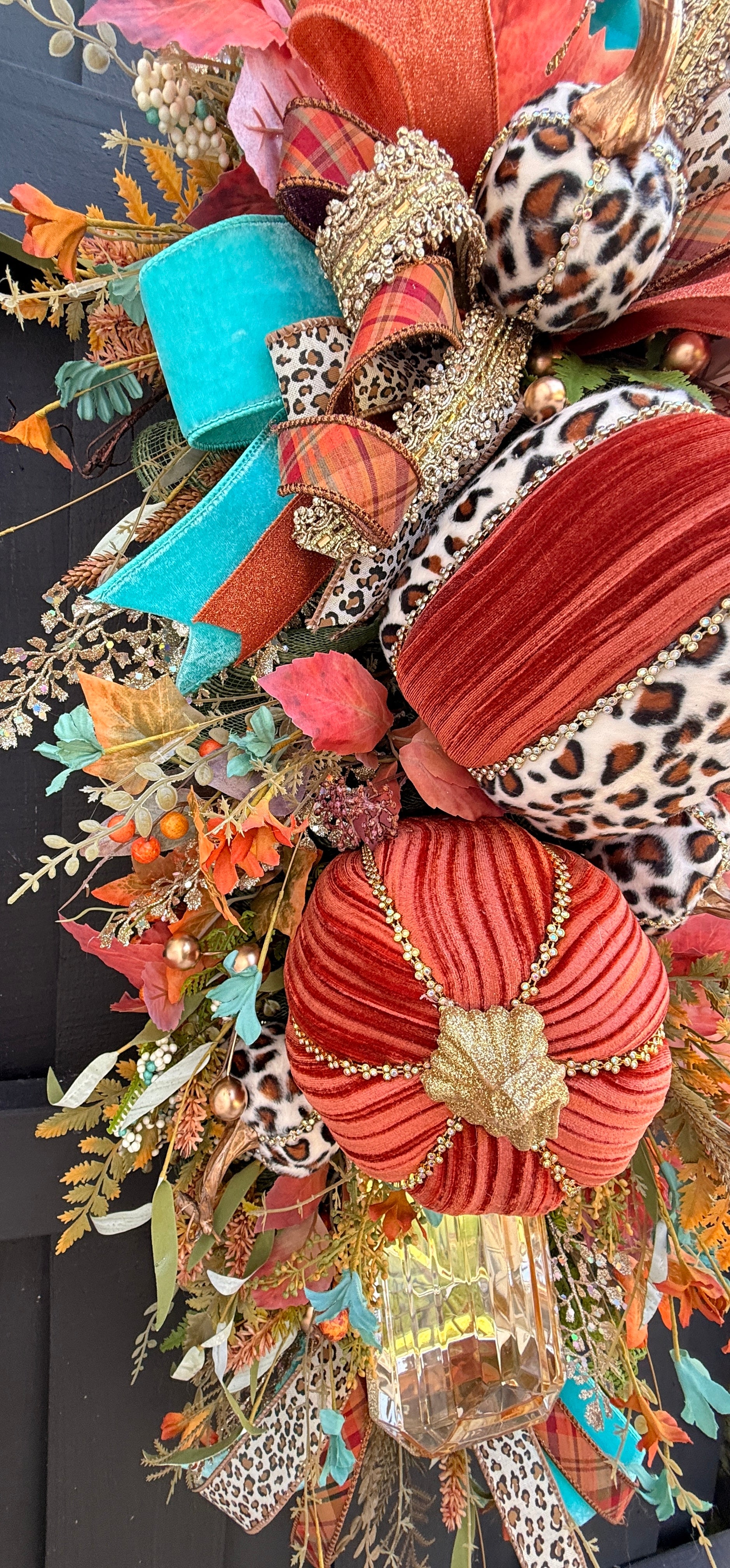 Luxury Teal & Leopard Fall Door Swag | Elegant Autumn Front Door Decor