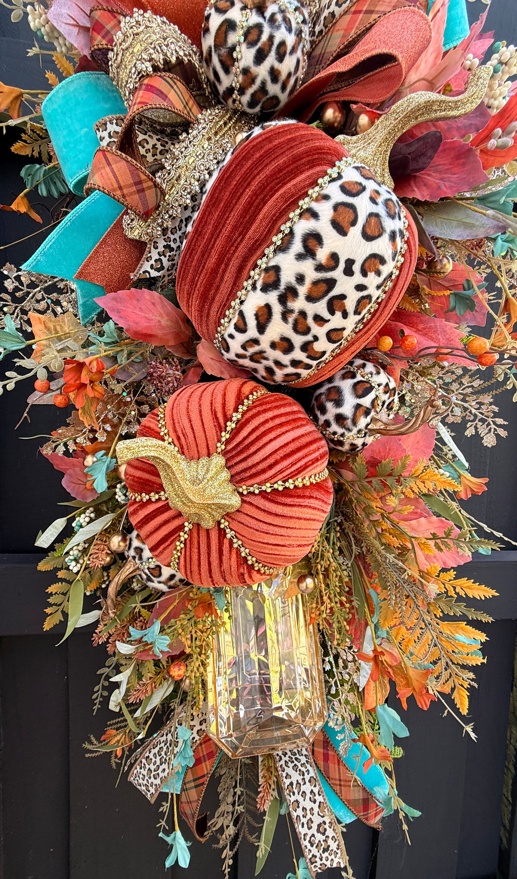 Luxury Teal & Leopard Fall Door Swag | Elegant Autumn Front Door Decor