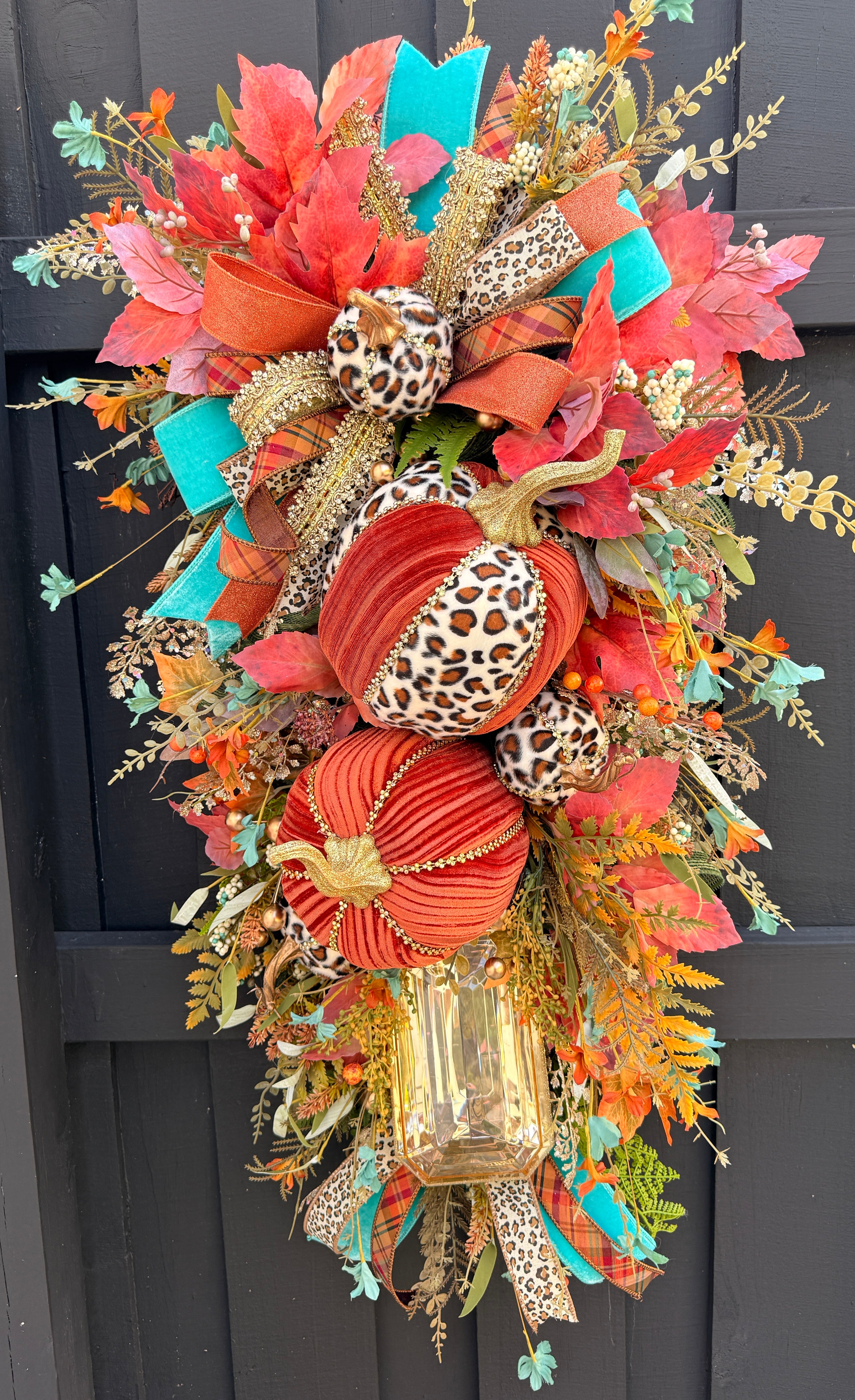 Luxury Teal & Leopard Fall Door Swag | Elegant Autumn Front Door Decor