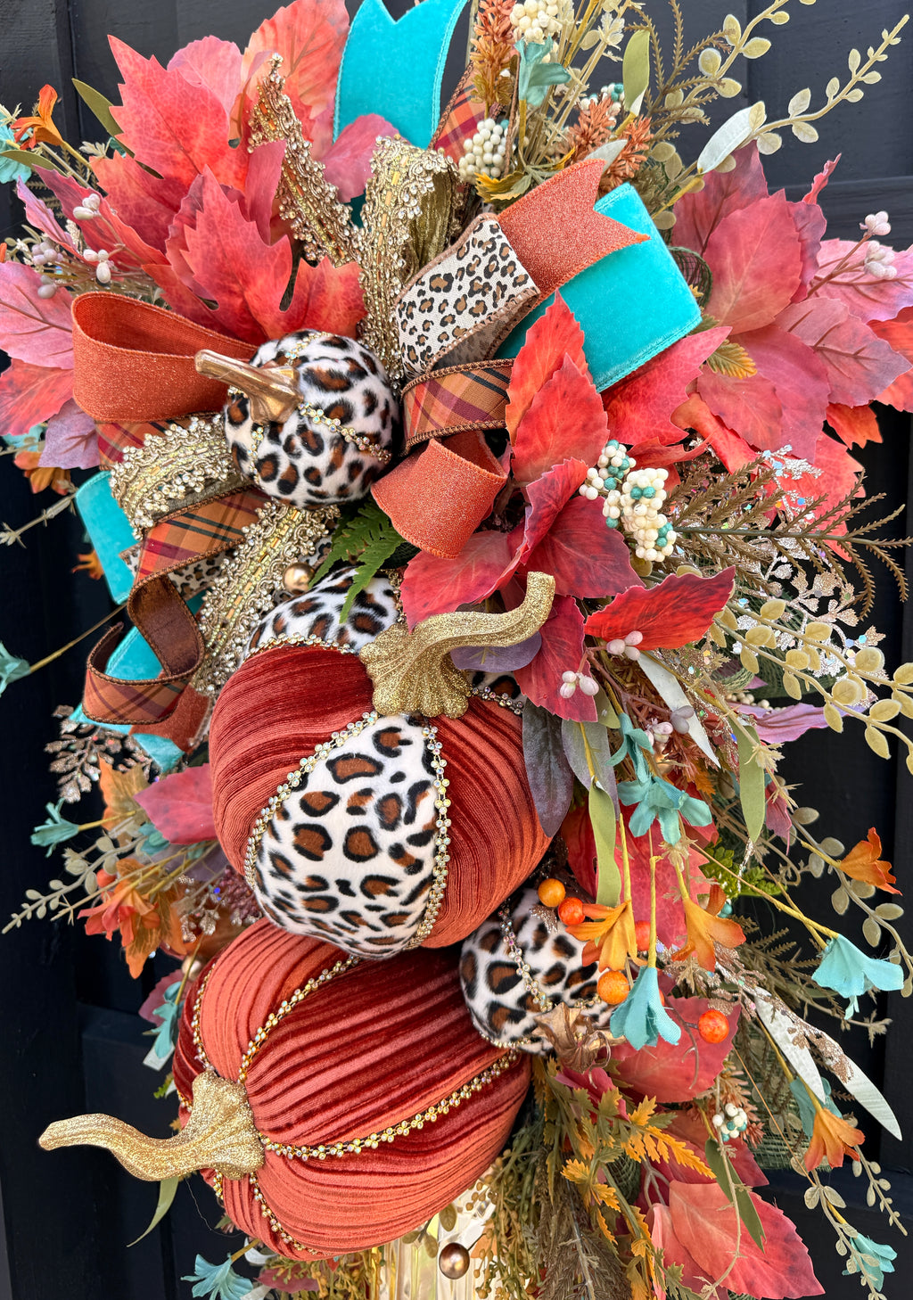 Luxury Teal & Leopard Fall Door Swag | Elegant Autumn Front Door Decor