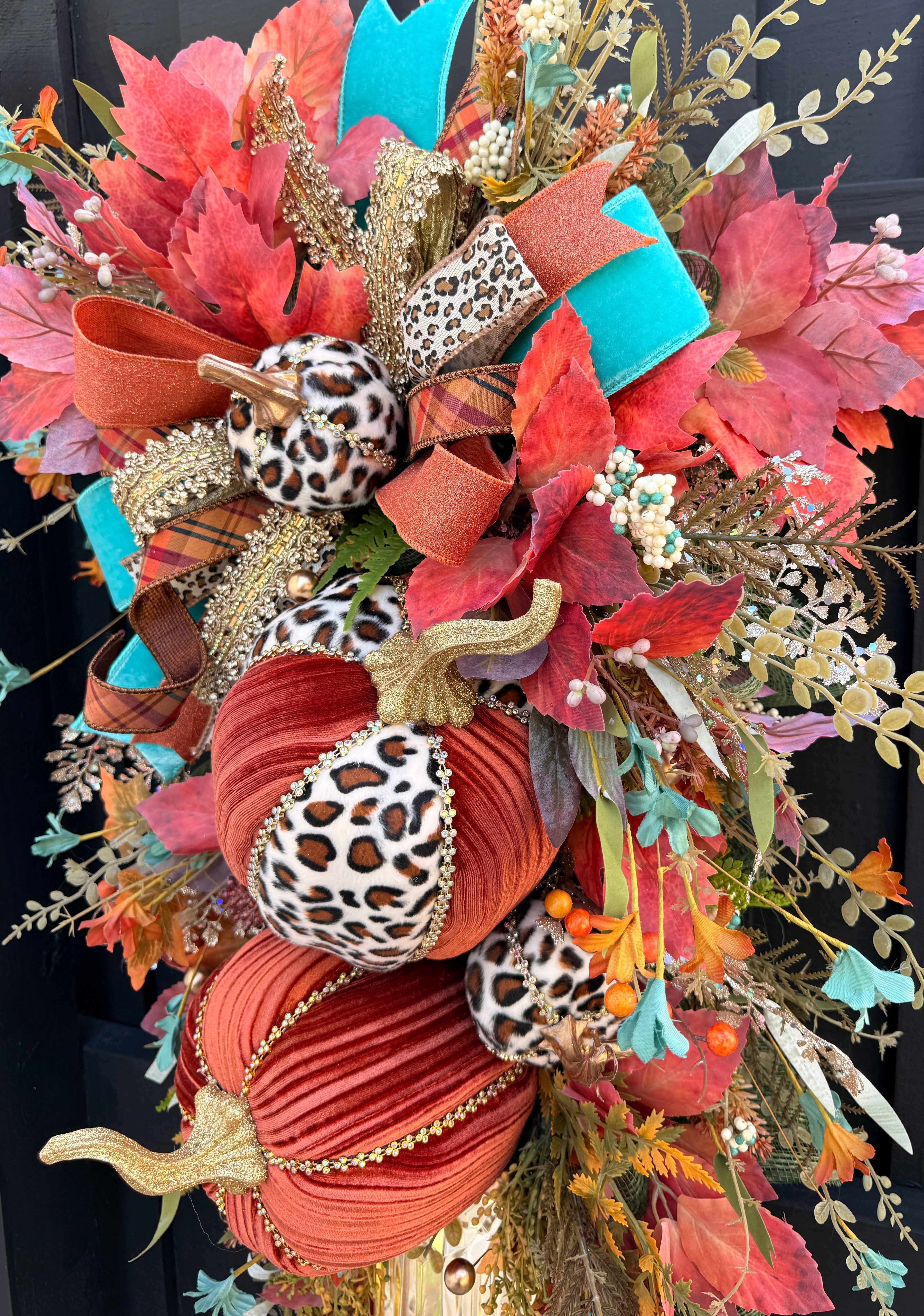 Luxury Teal & Leopard Fall Door Swag | Elegant Autumn Front Door Decor