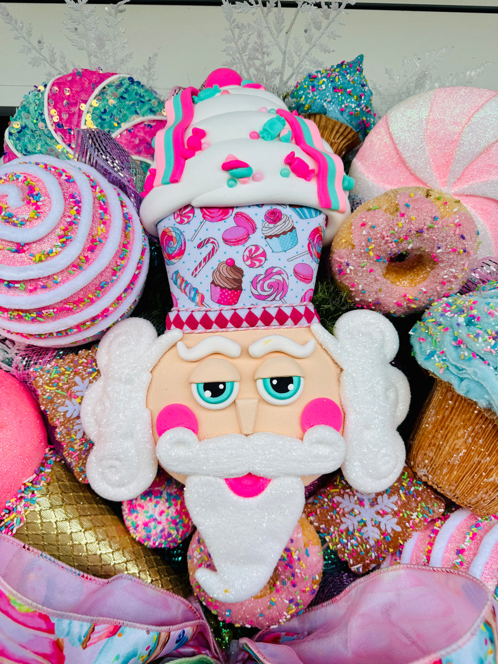 Whimsical Candy Nutcracker Wreath Pastel Holiday Front Door Decor