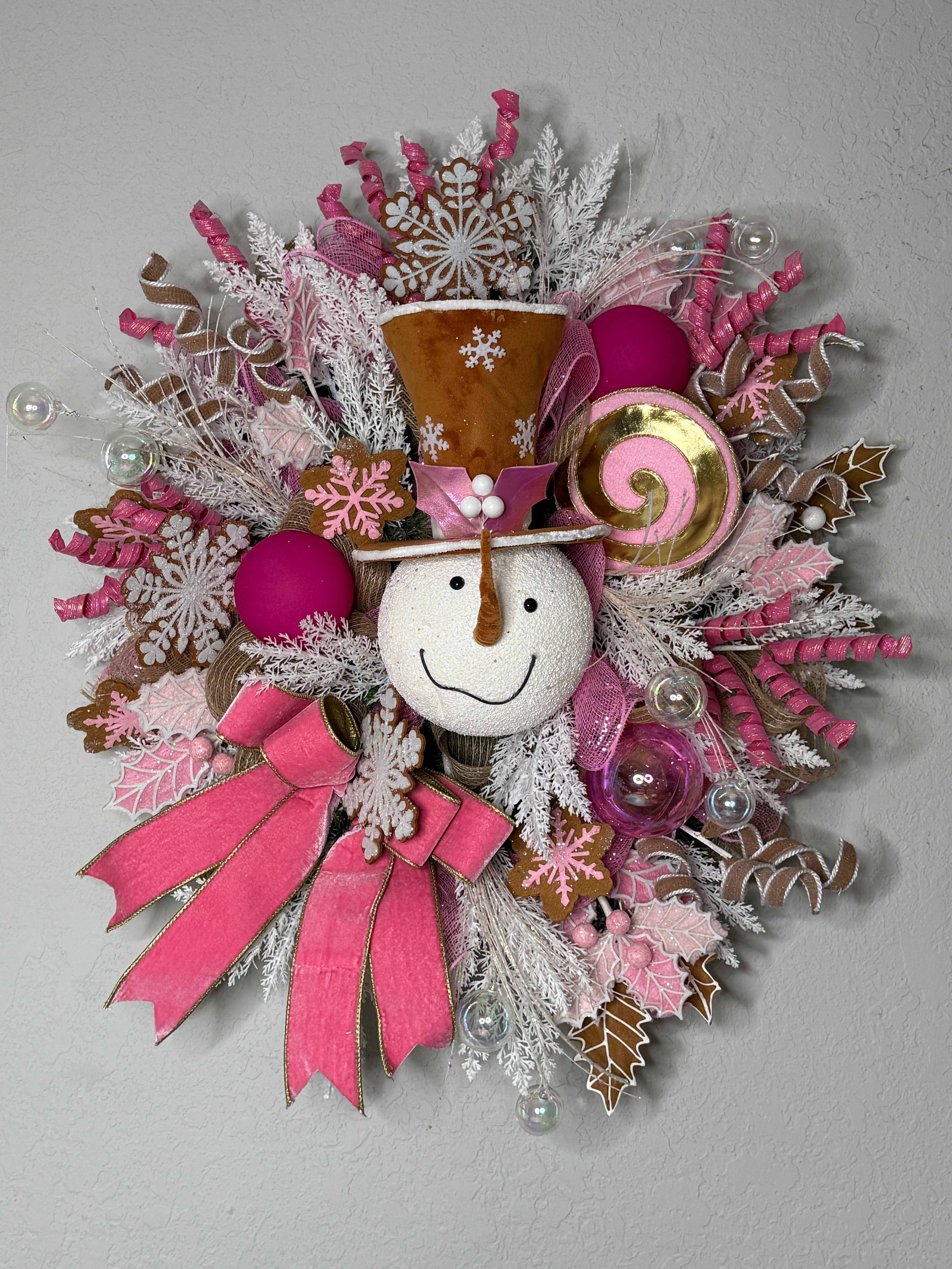 Pink Christmas Snowman Wreath: Candyland Holiday Door Decor