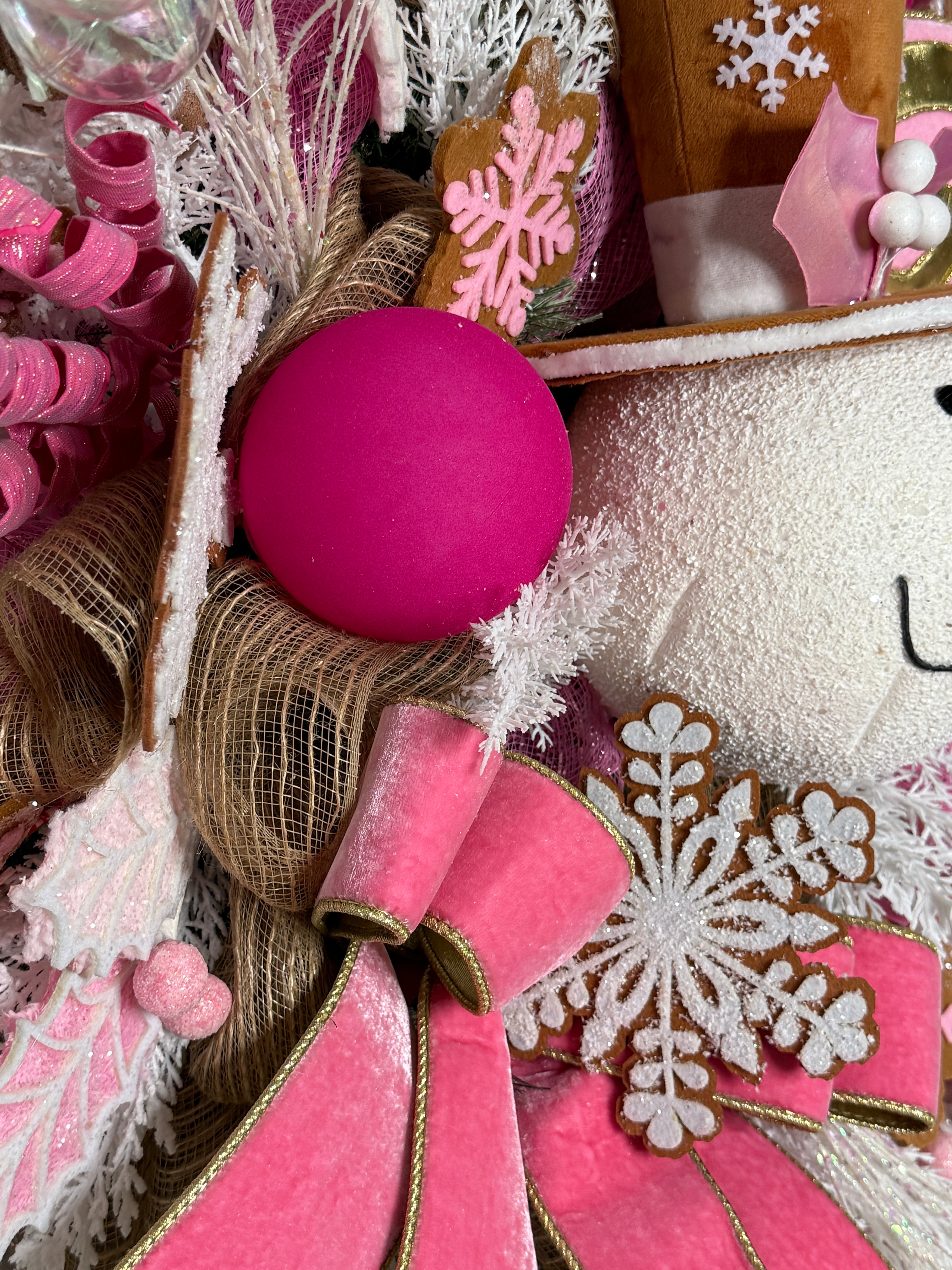 Pink Christmas Snowman Wreath: Candyland Holiday Door Decor