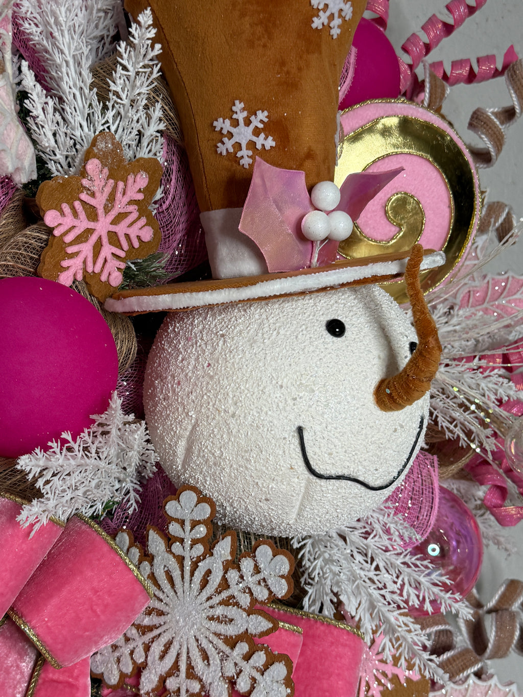 Pink Christmas Snowman Wreath: Candyland Holiday Door Decor