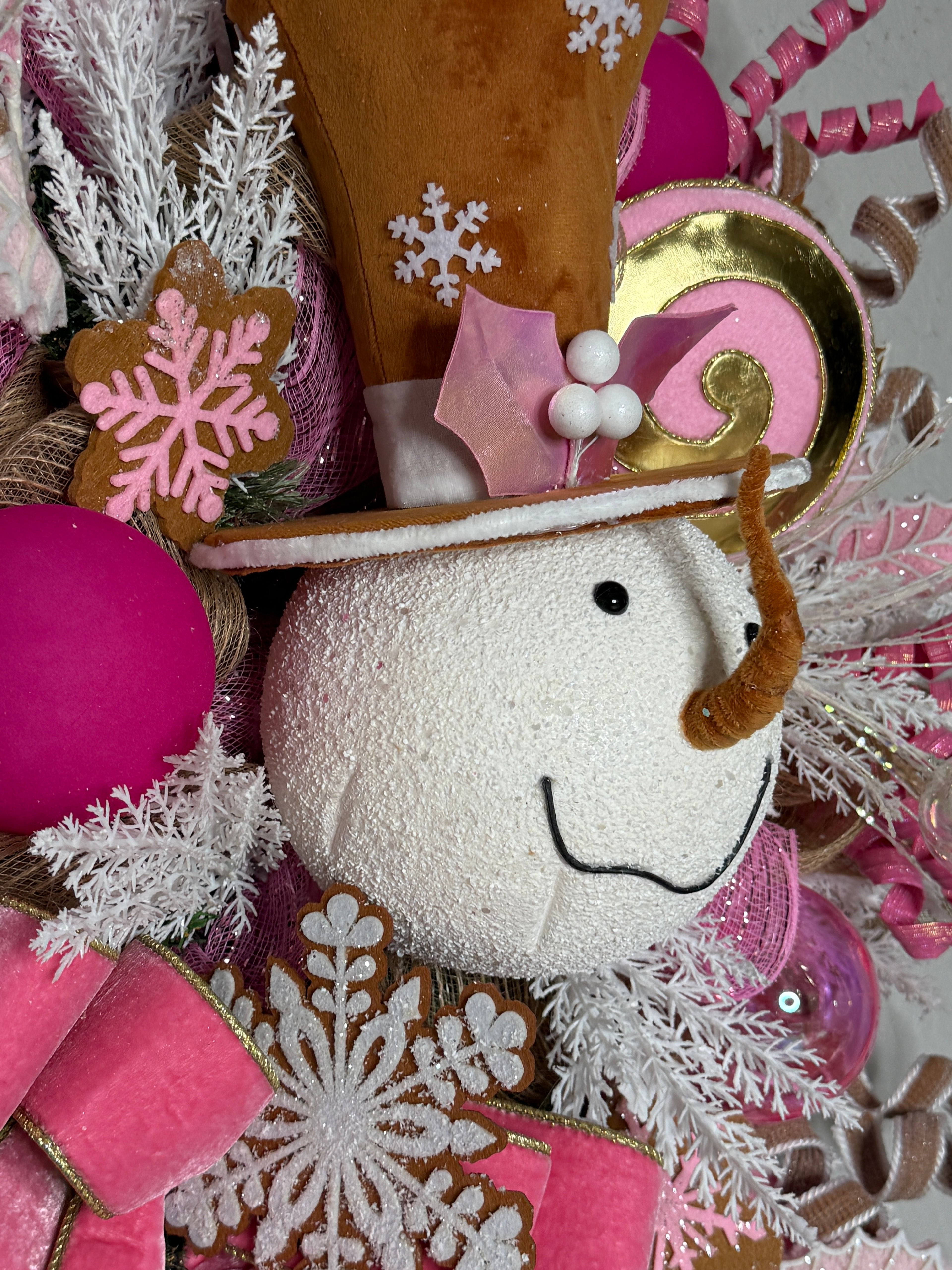 Pink Christmas Snowman Wreath: Candyland Holiday Door Decor