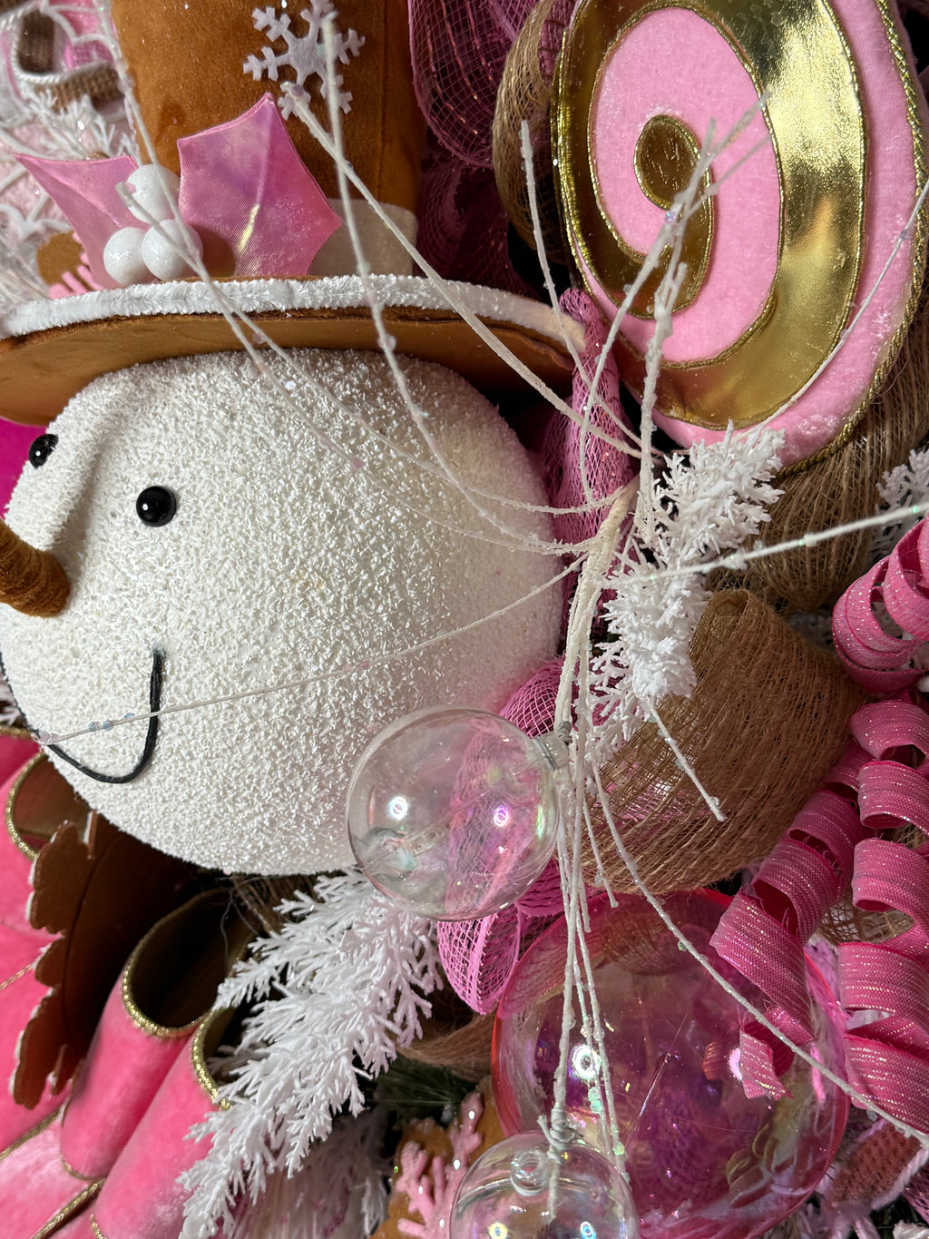 Pink Christmas Snowman Wreath: Candyland Holiday Door Decor
