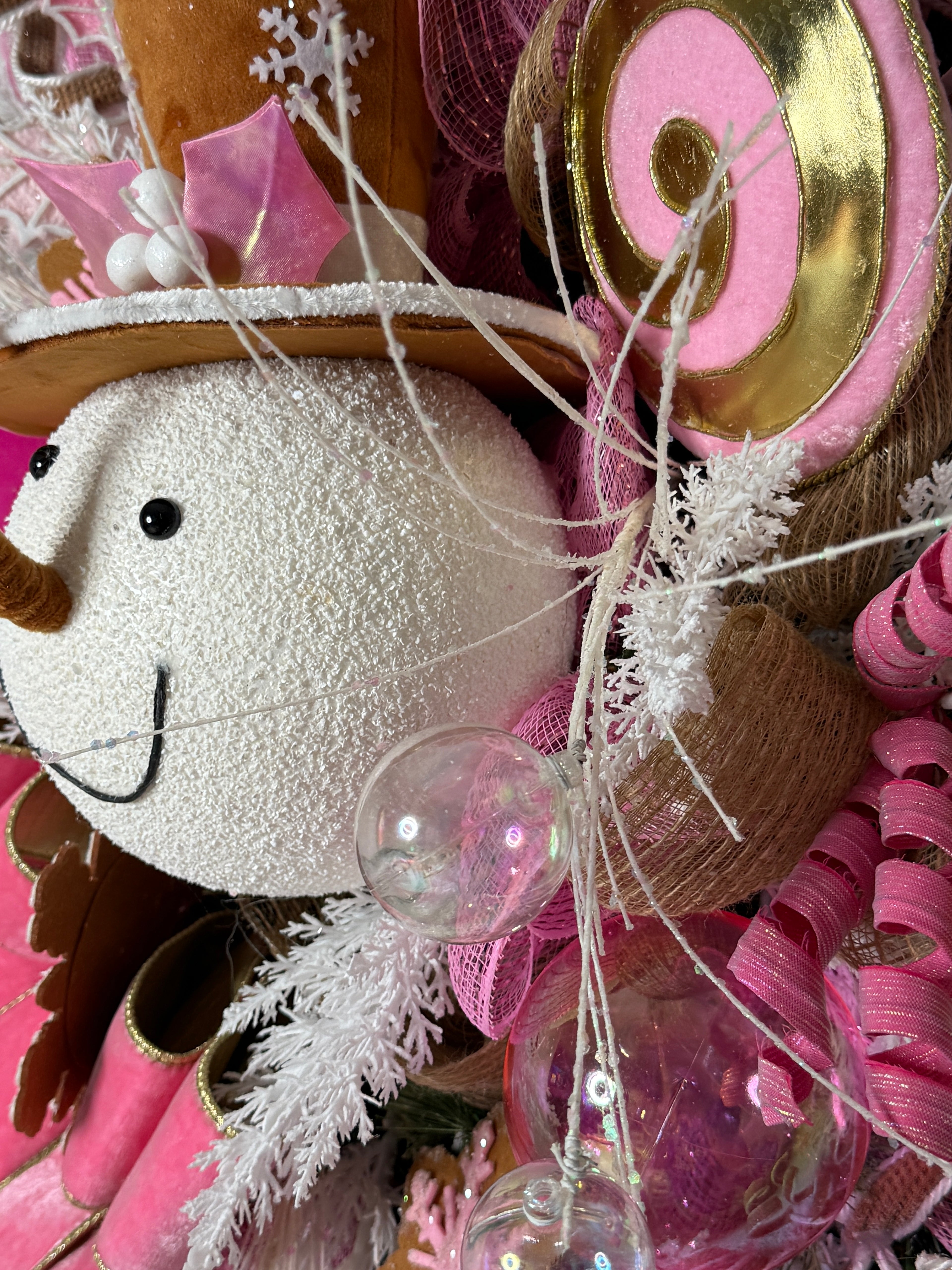 Pink Christmas Snowman Wreath: Candyland Holiday Door Decor