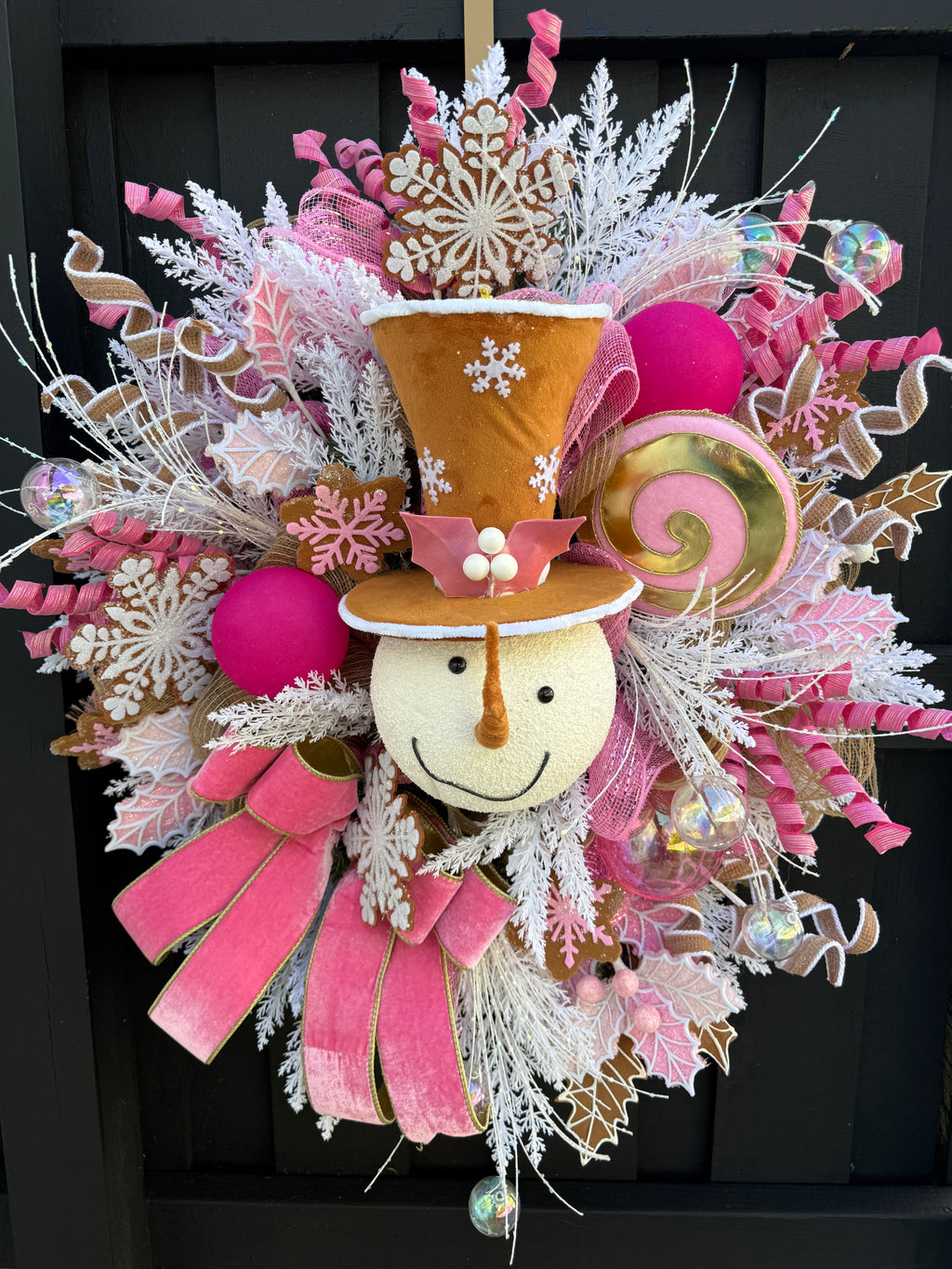 Pink Christmas Snowman Wreath: Candyland Holiday Door Decor