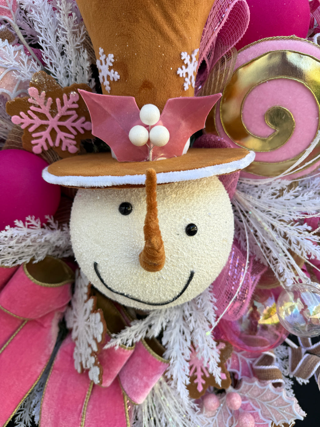Pink Christmas Snowman Wreath: Candyland Holiday Door Decor