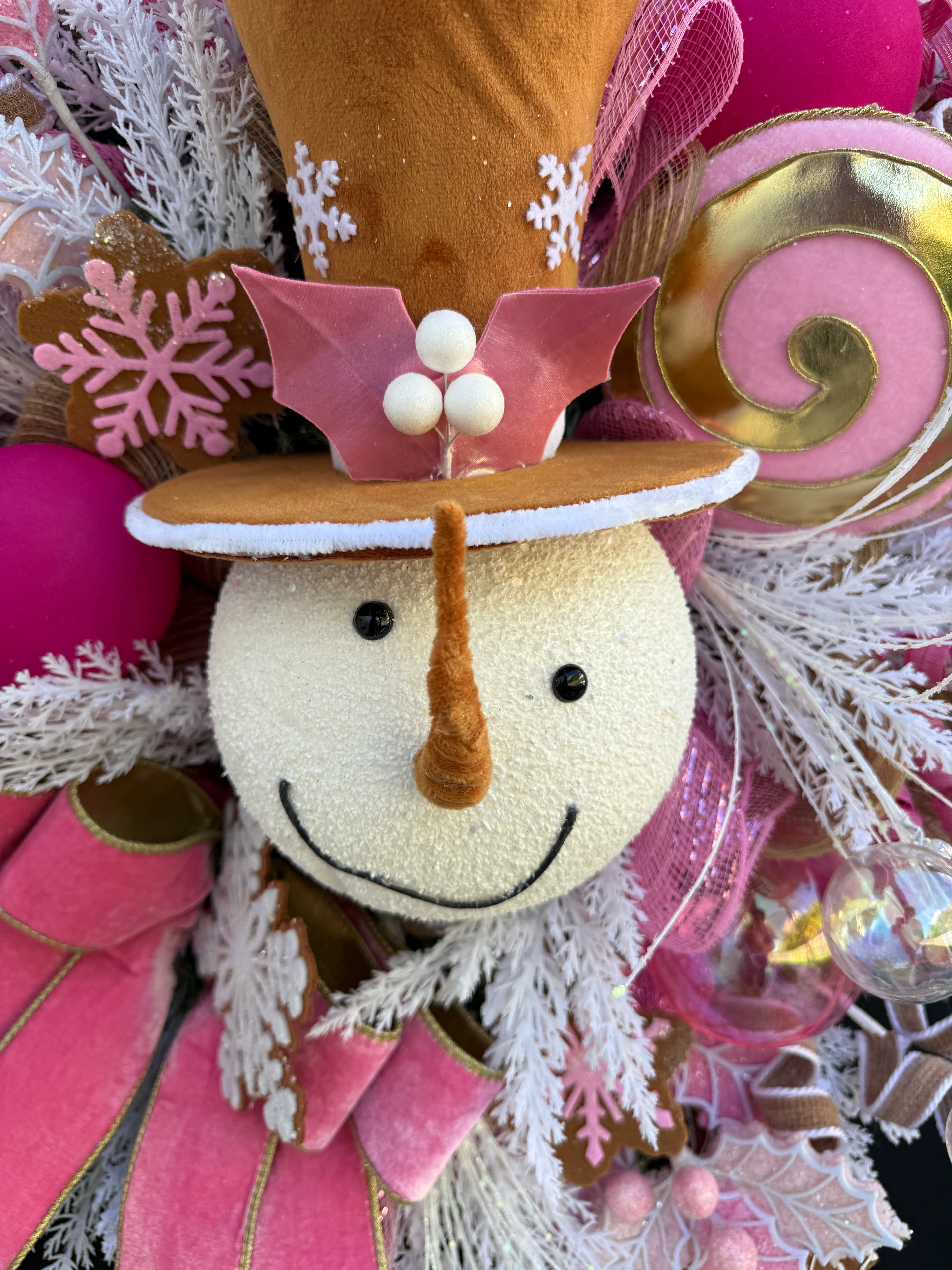 Pink Christmas Snowman Wreath: Candyland Holiday Door Decor