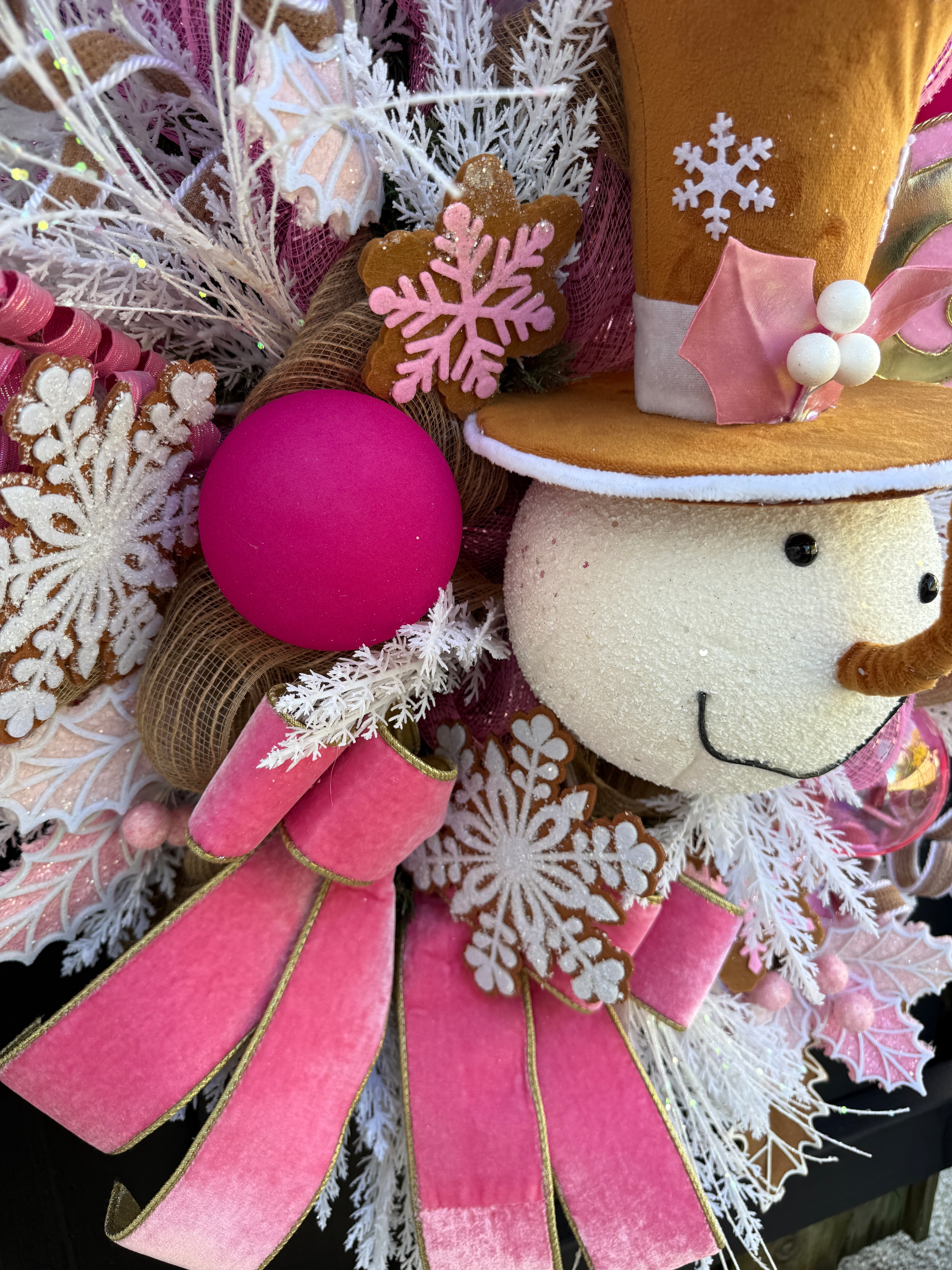Pink Christmas Snowman Wreath: Candyland Holiday Door Decor