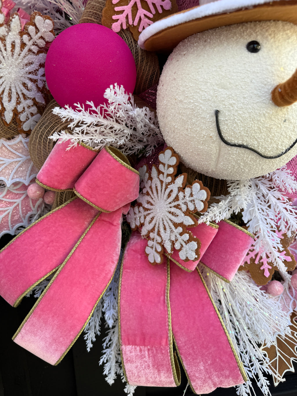 Pink Christmas Snowman Wreath: Candyland Holiday Door Decor