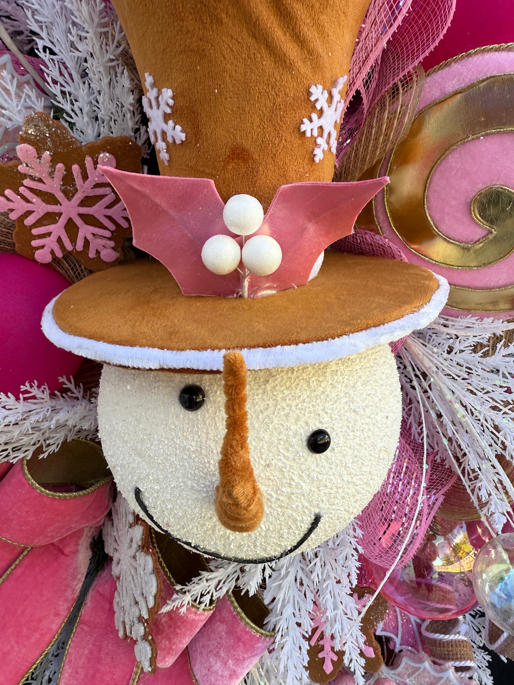 Pink Christmas Snowman Wreath: Candyland Holiday Door Decor
