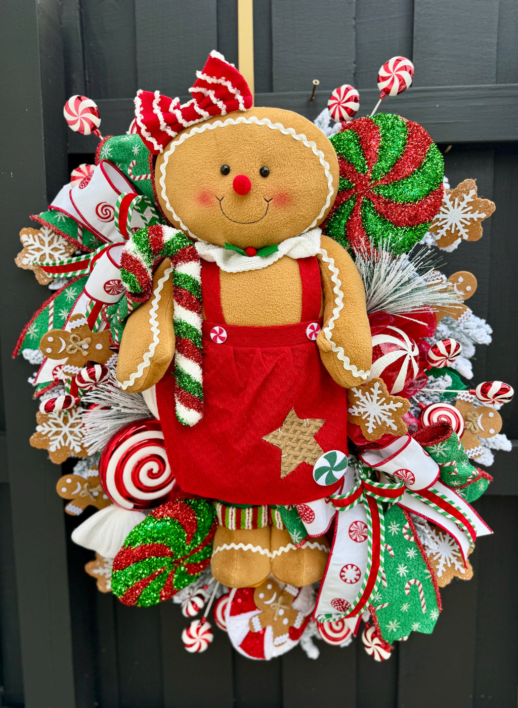Whimsical Gingerbread Girl Christmas Wreath – Candyland Peppermint Front Door Decor