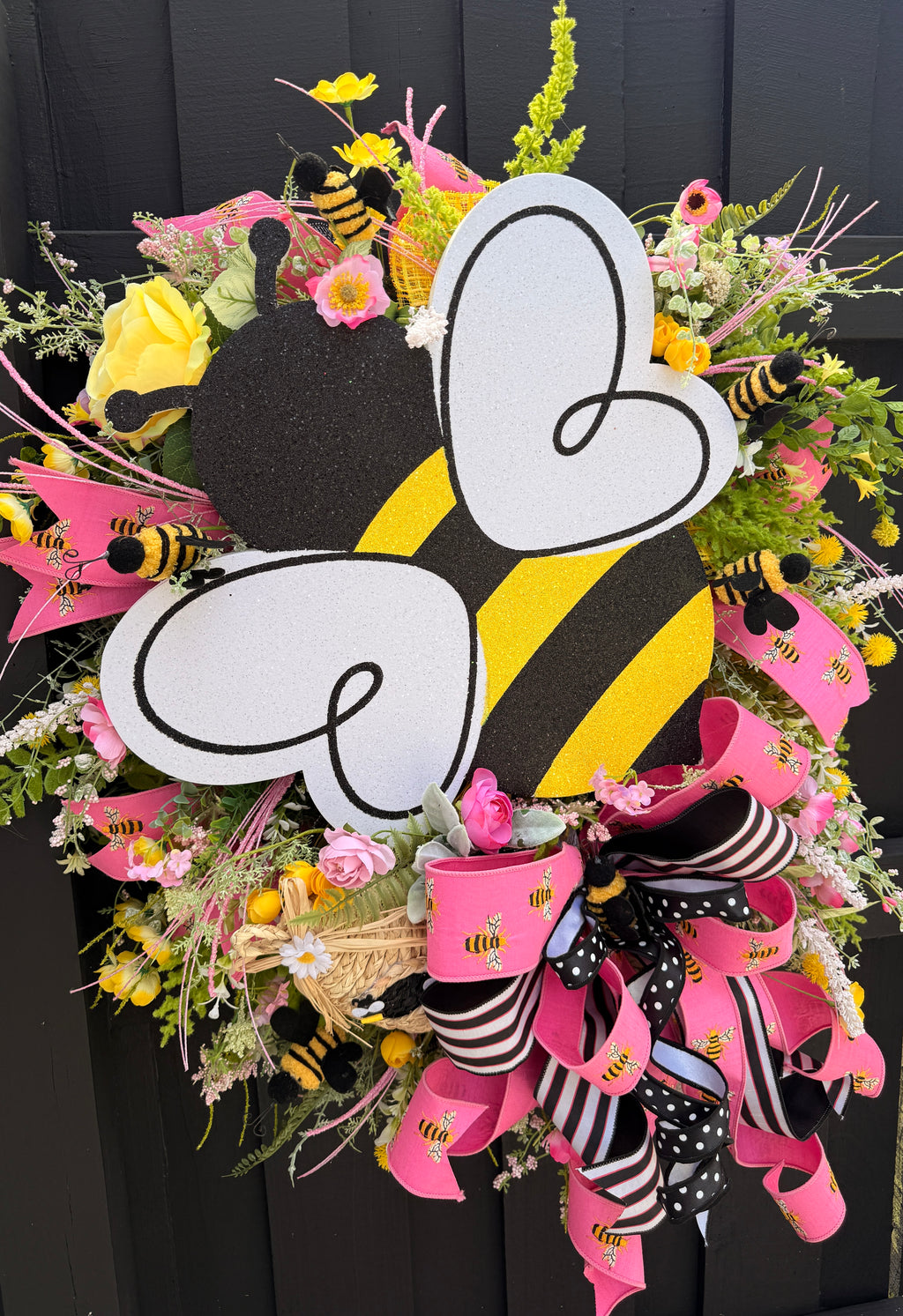 Pink Bumble Bee Wreath, Summer Floral Door Decor, Glitter Bee Accent
