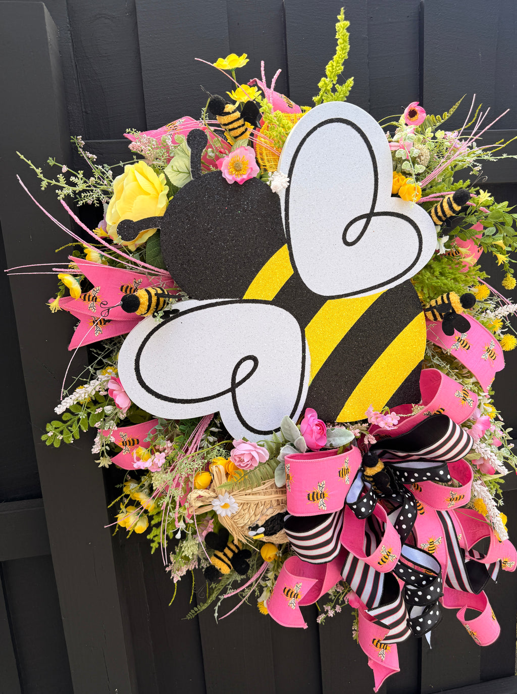 Pink Bumble Bee Wreath, Summer Floral Door Decor, Glitter Bee Accent