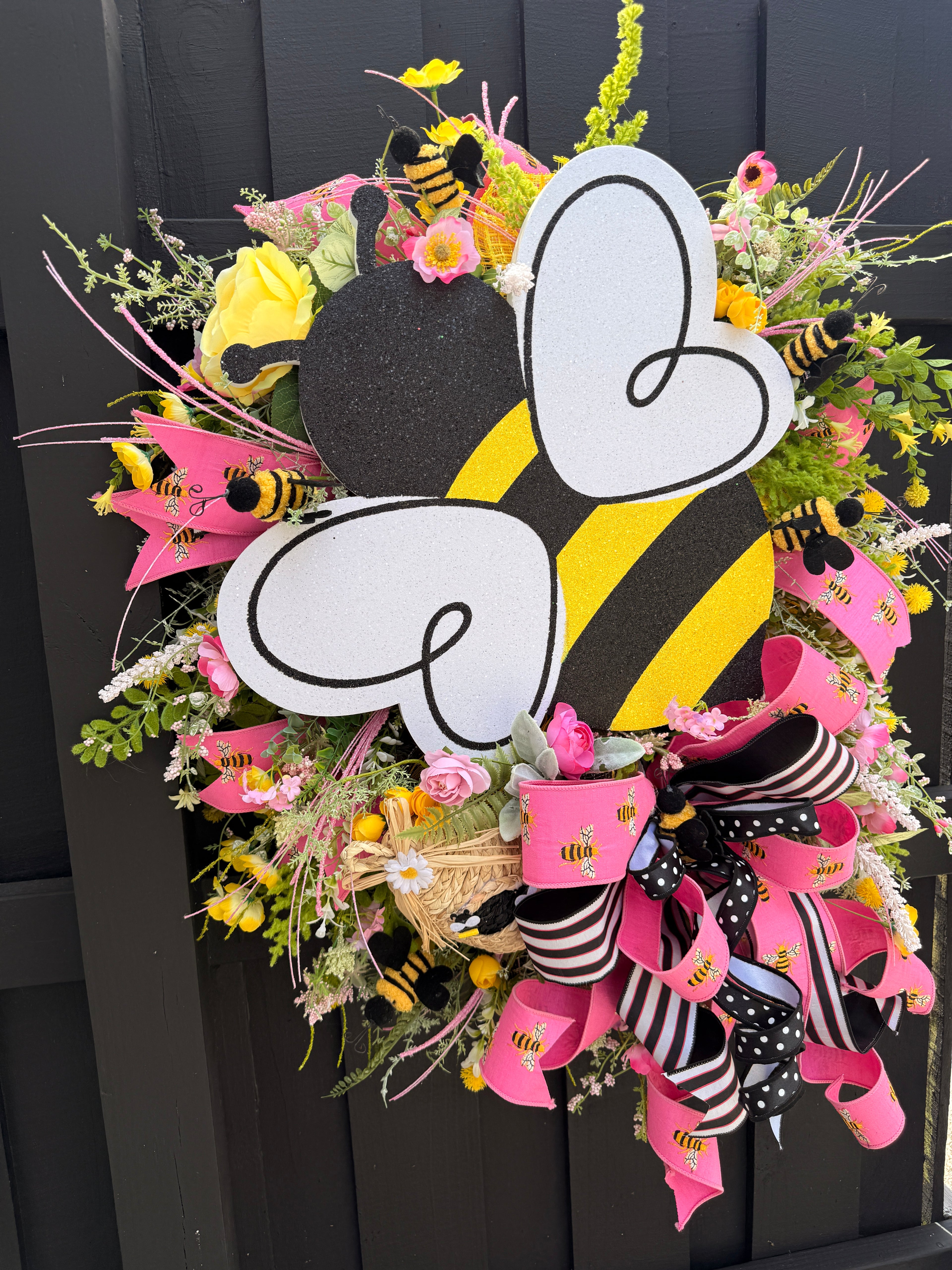 Pink Bumble Bee Wreath, Summer Floral Door Decor, Glitter Bee Accent