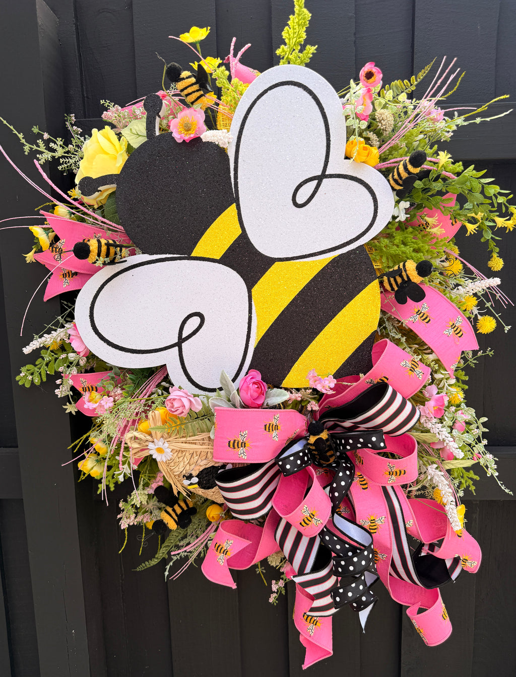 Pink Bumble Bee Wreath, Summer Floral Door Decor, Glitter Bee Accent