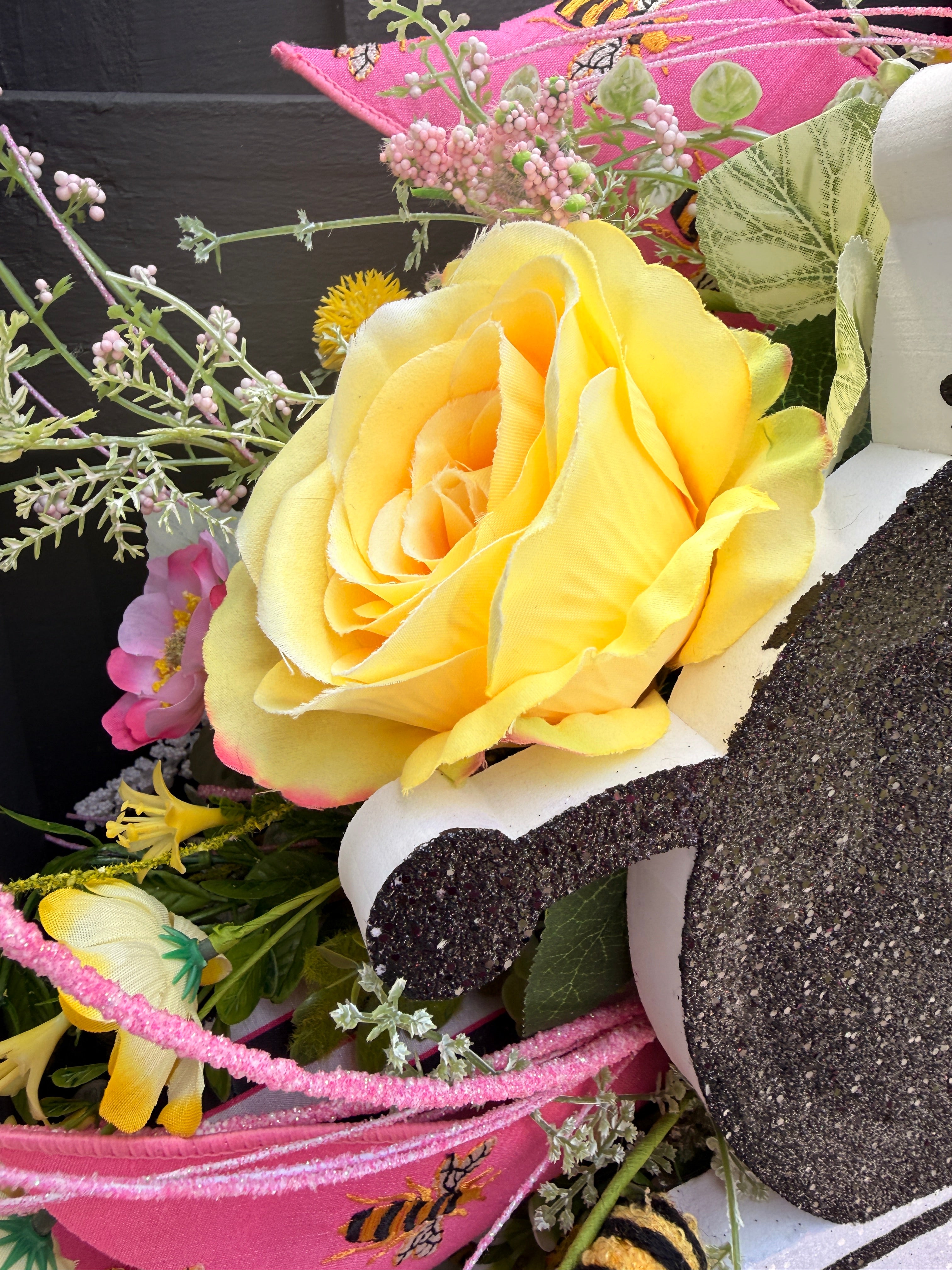 Pink Bumble Bee Wreath, Summer Floral Door Decor, Glitter Bee Accent