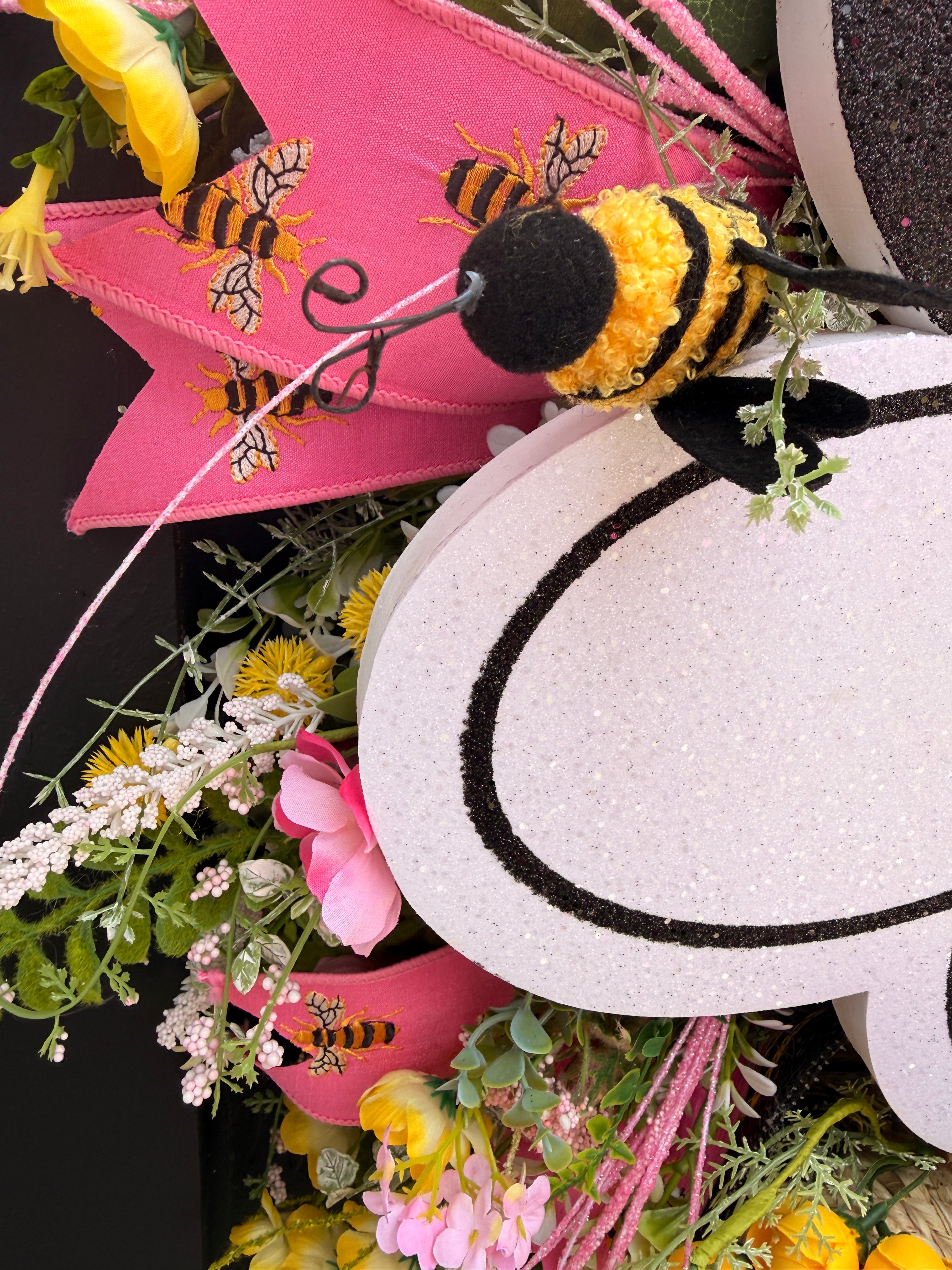 Pink Bumble Bee Wreath, Summer Floral Door Decor, Glitter Bee Accent