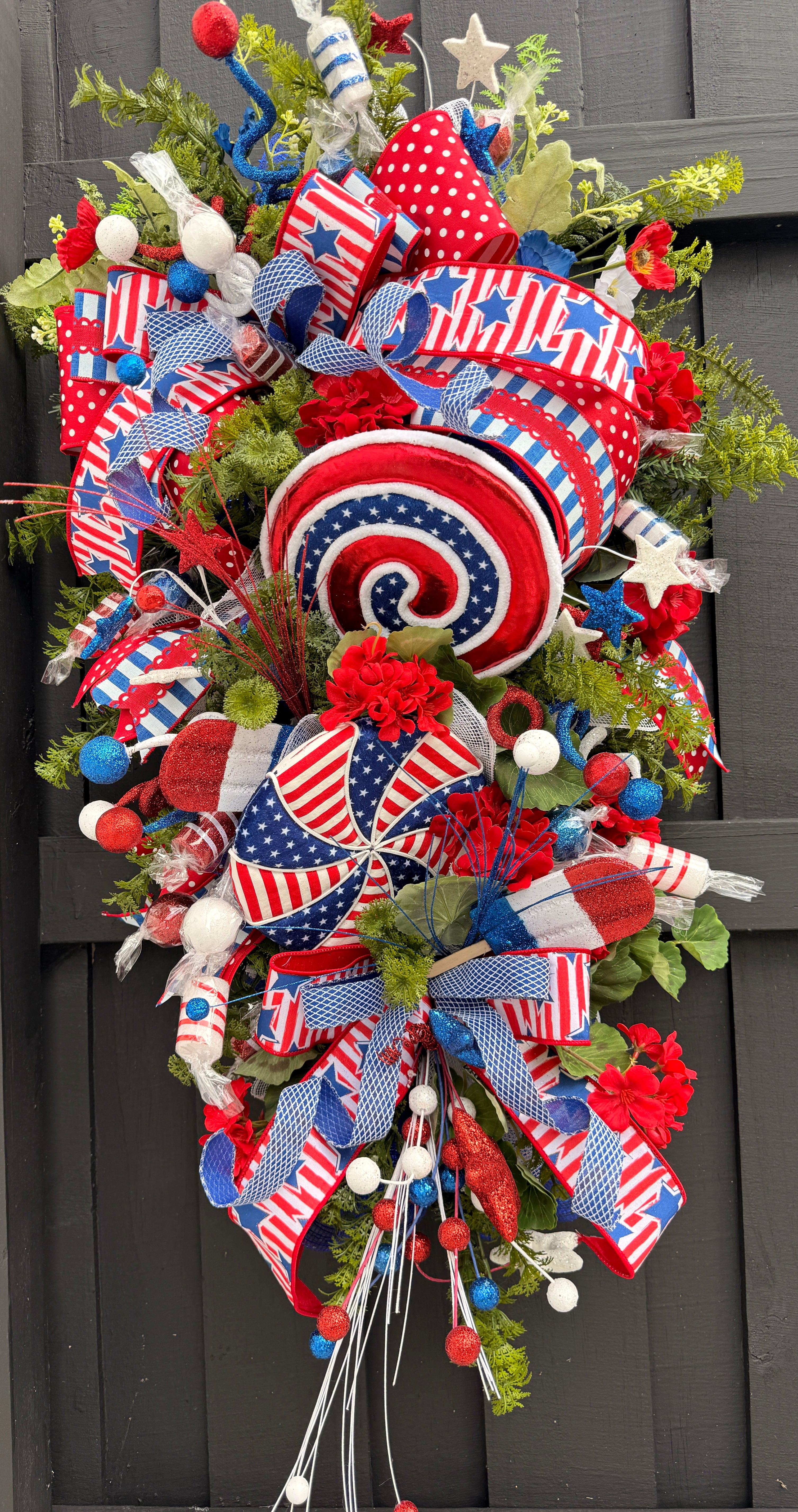 Patriotic Candy Land Swirl Wreath – Red, White & Blue Front Door Decor