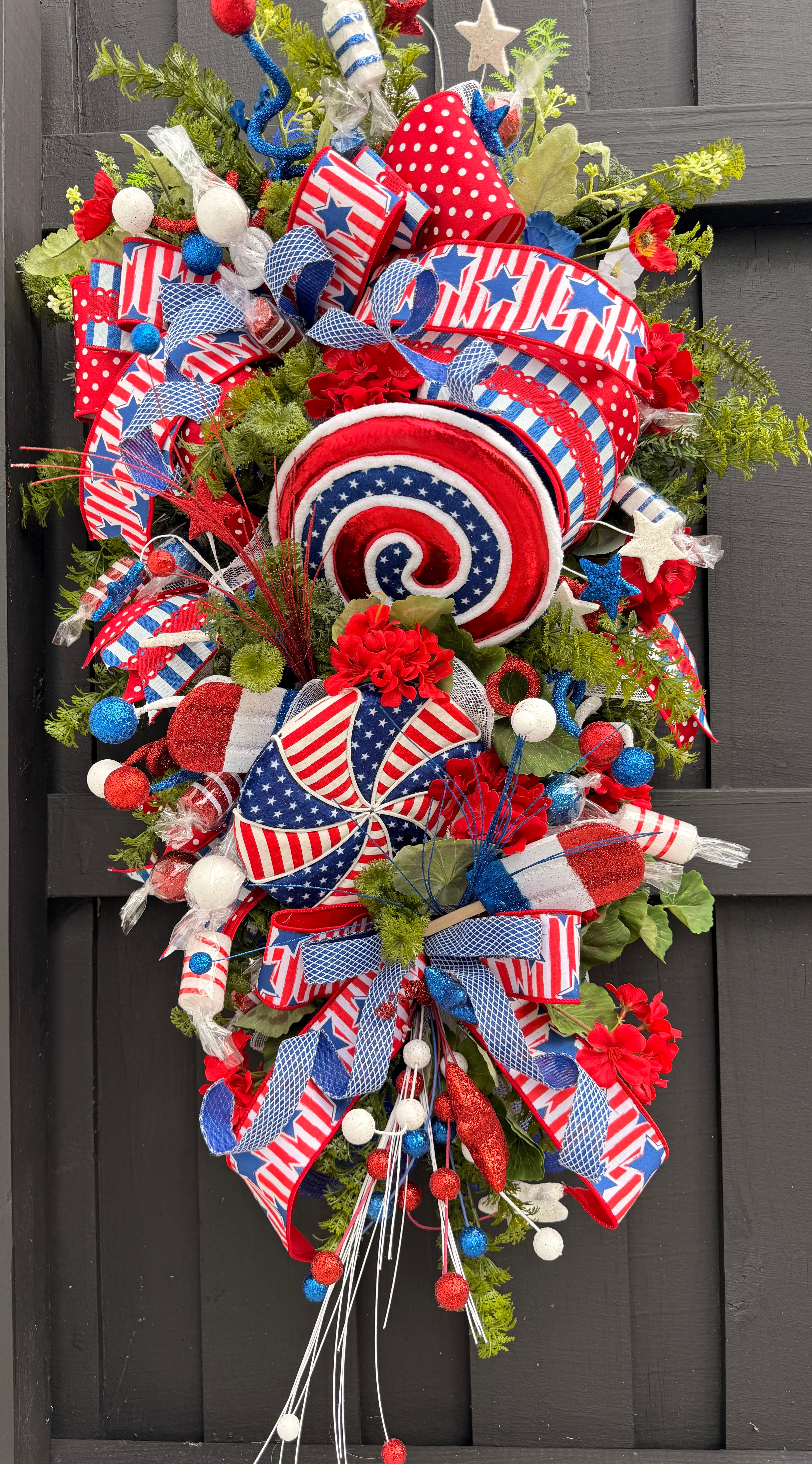 Patriotic Candy Land Swirl Wreath – Red, White & Blue Front Door Decor