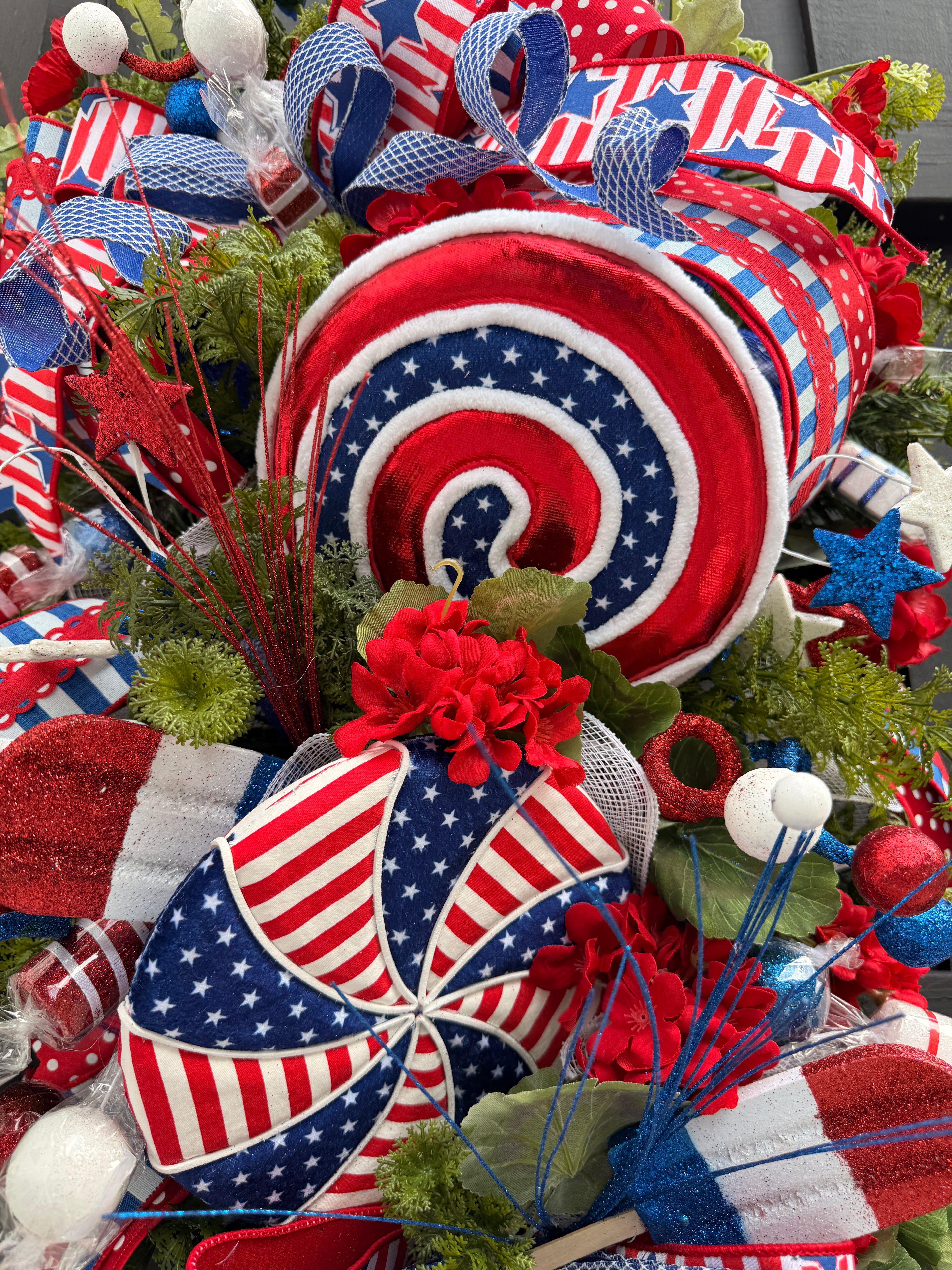 Patriotic Candy Land Swirl Wreath – Red, White & Blue Front Door Decor
