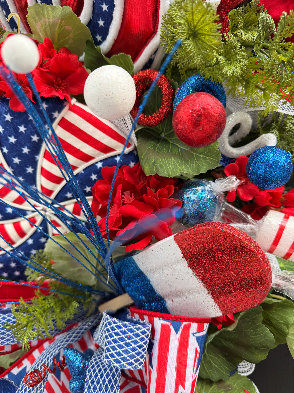 Patriotic Candy Land Swirl Wreath – Red, White & Blue Front Door Decor