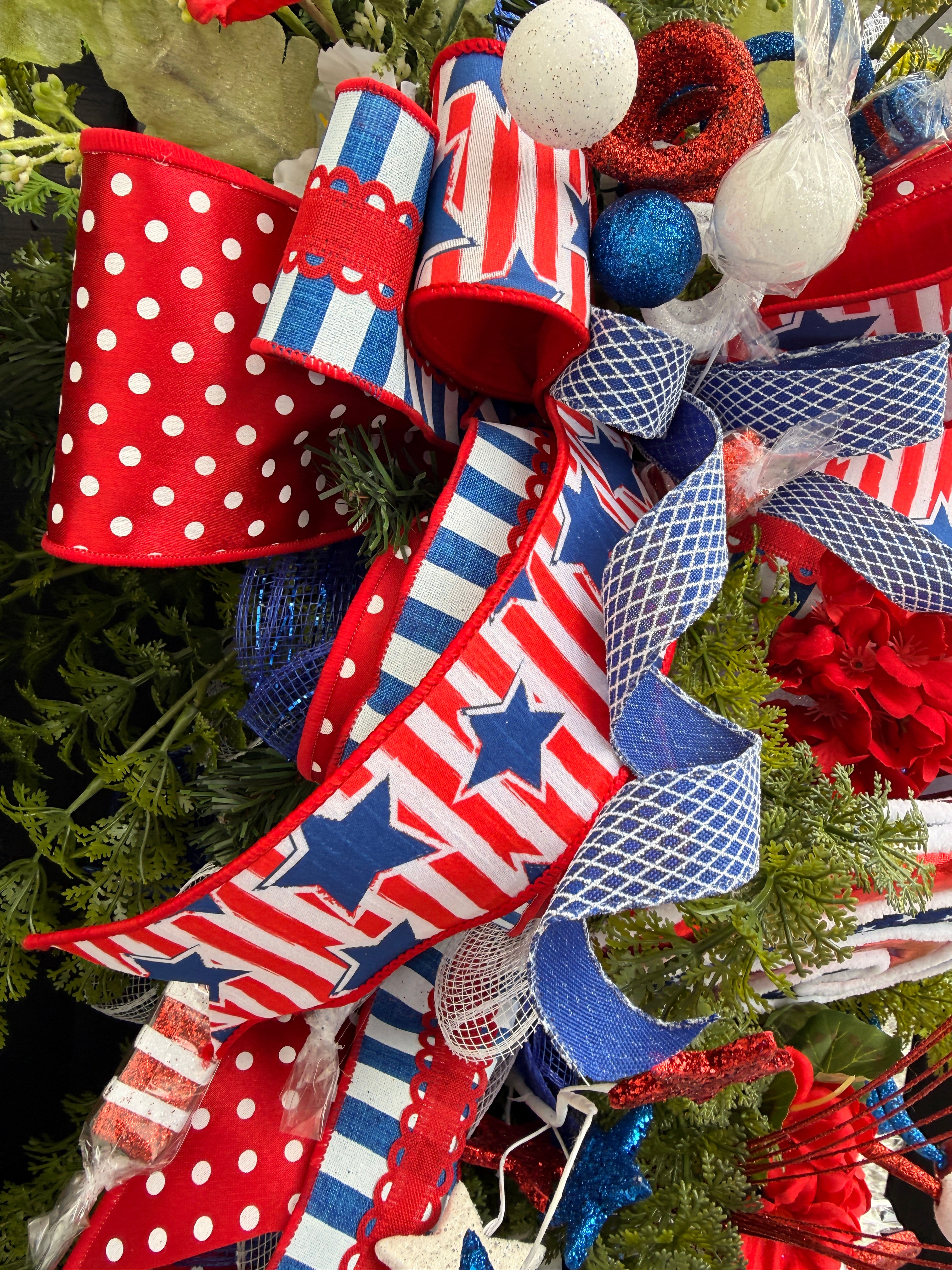 Patriotic Candy Land Swirl Wreath – Red, White & Blue Front Door Decor