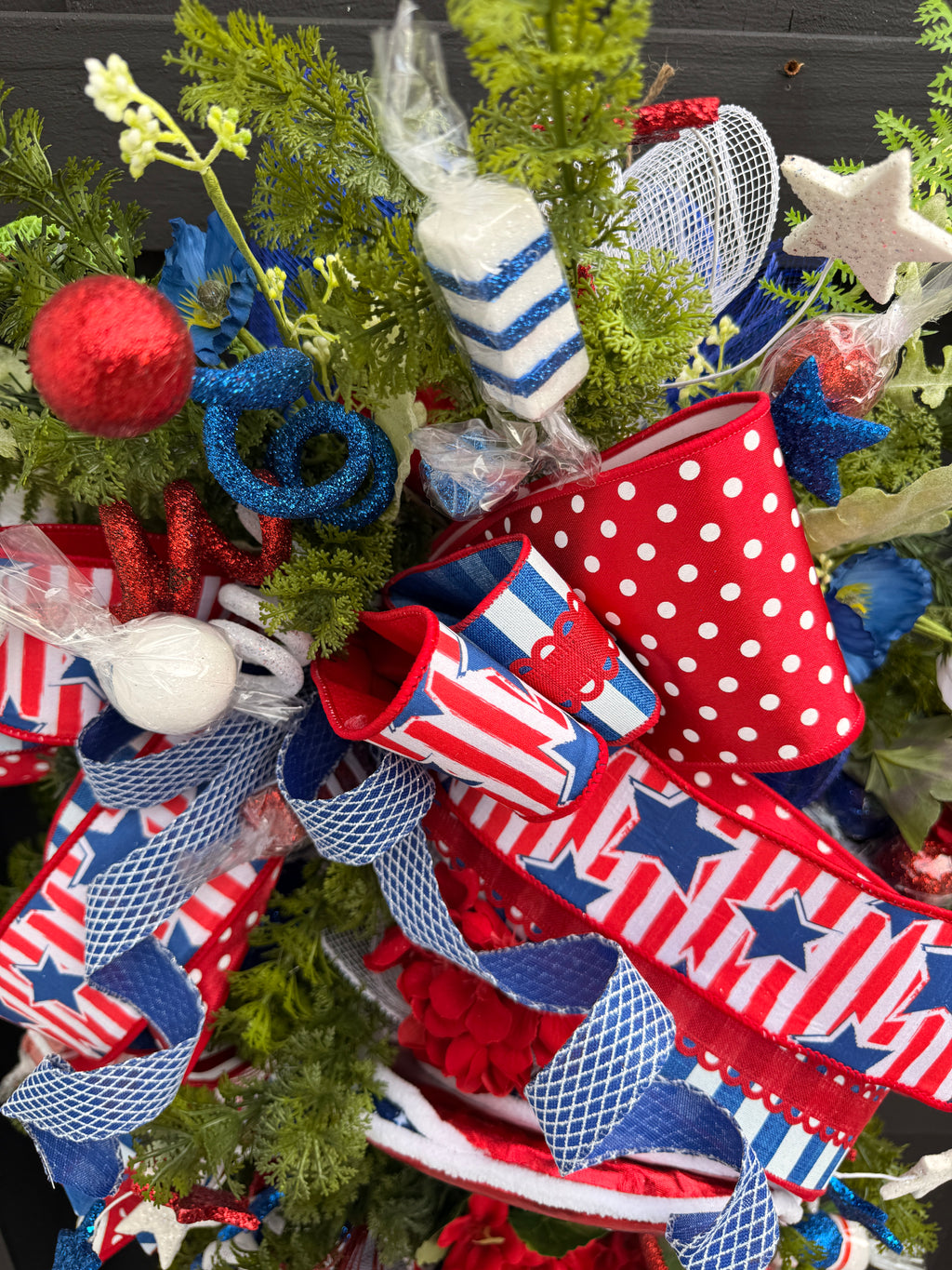Patriotic Candy Land Swirl Wreath – Red, White & Blue Front Door Decor