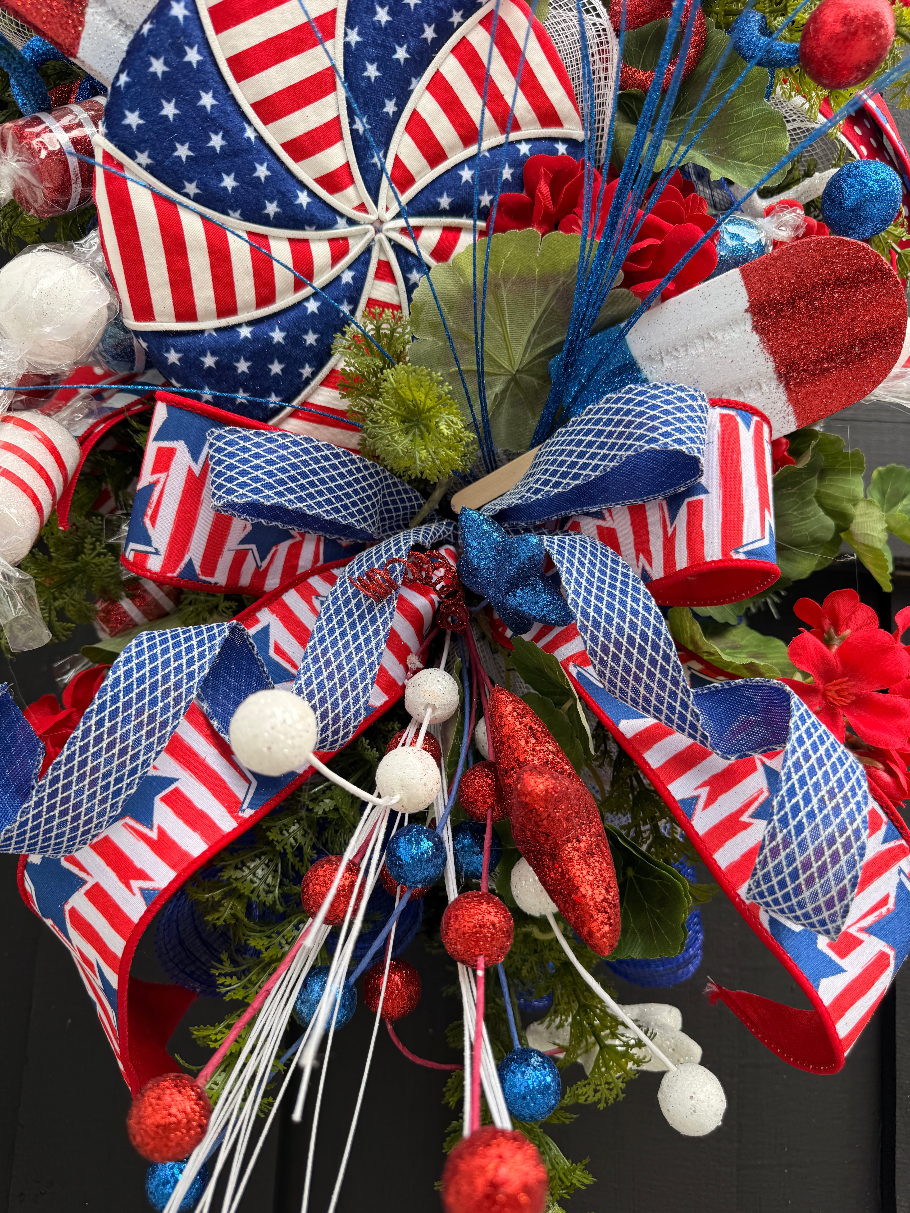 Patriotic Candy Land Swirl Wreath – Red, White & Blue Front Door Decor