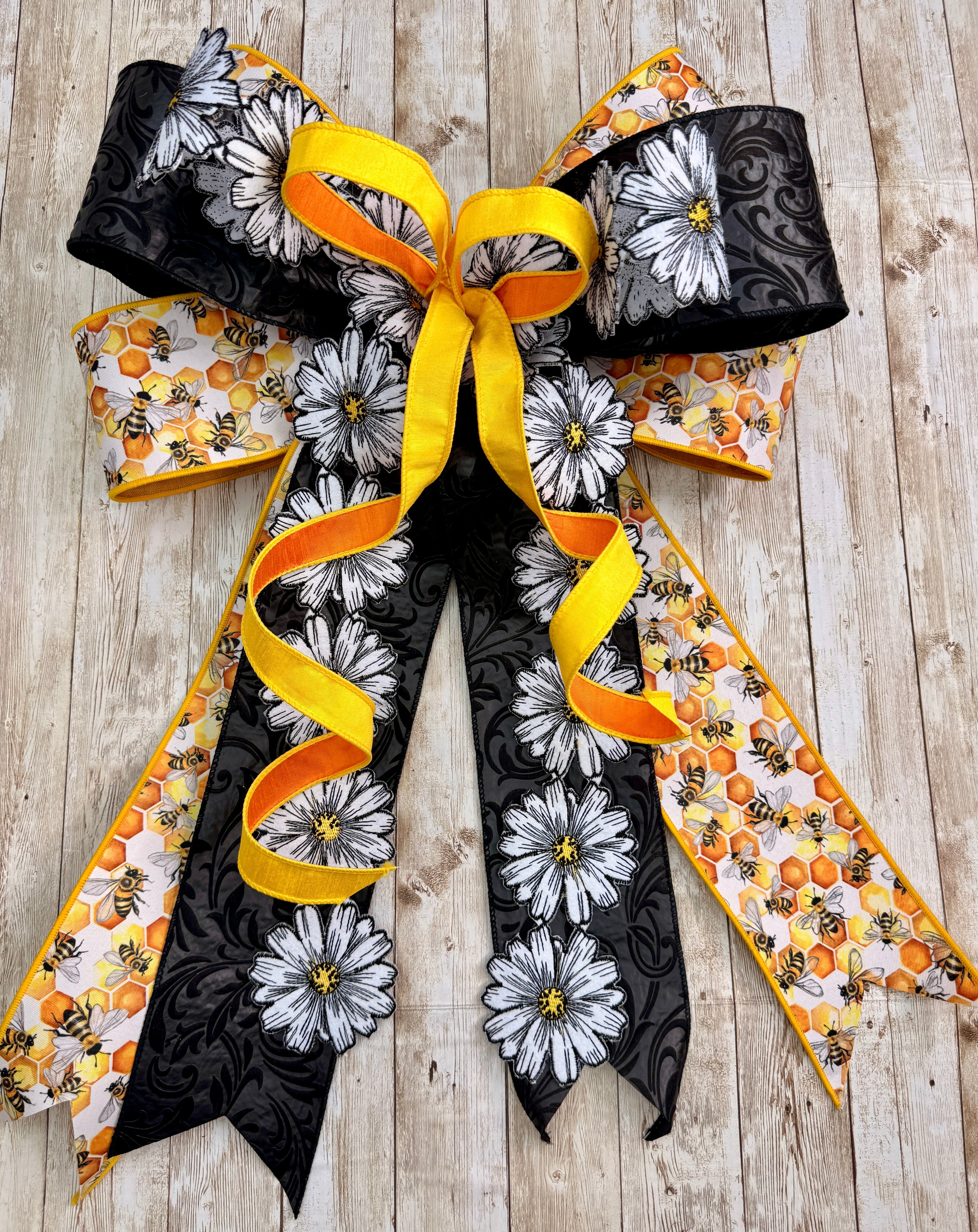Oversized Bee & Daisy Ribbon Bow – Handmade Spring Summer Statement Bow for Wreaths & Door Decor