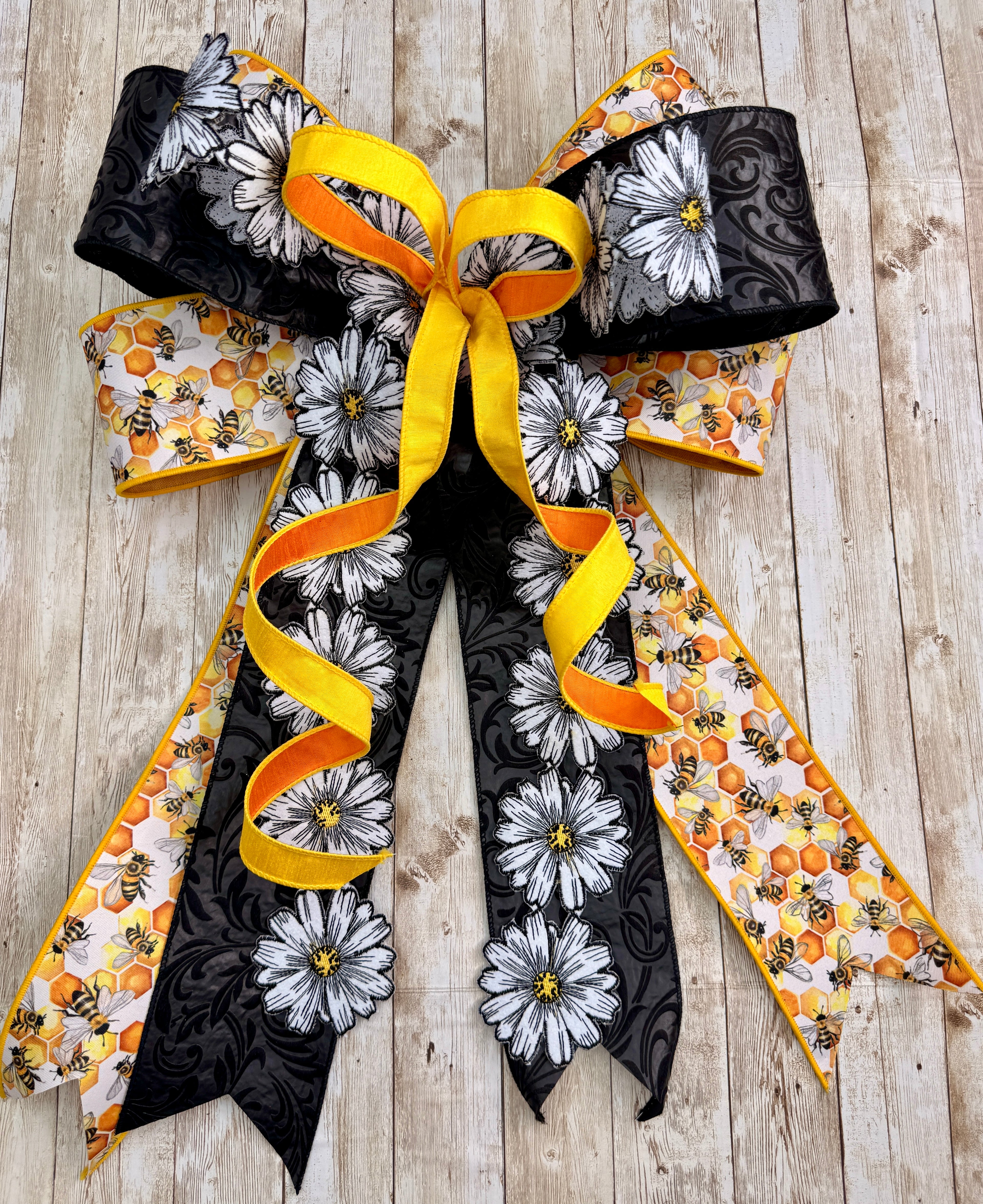 Oversized Bee & Daisy Ribbon Bow – Handmade Spring Summer Statement Bow for Wreaths & Door Decor