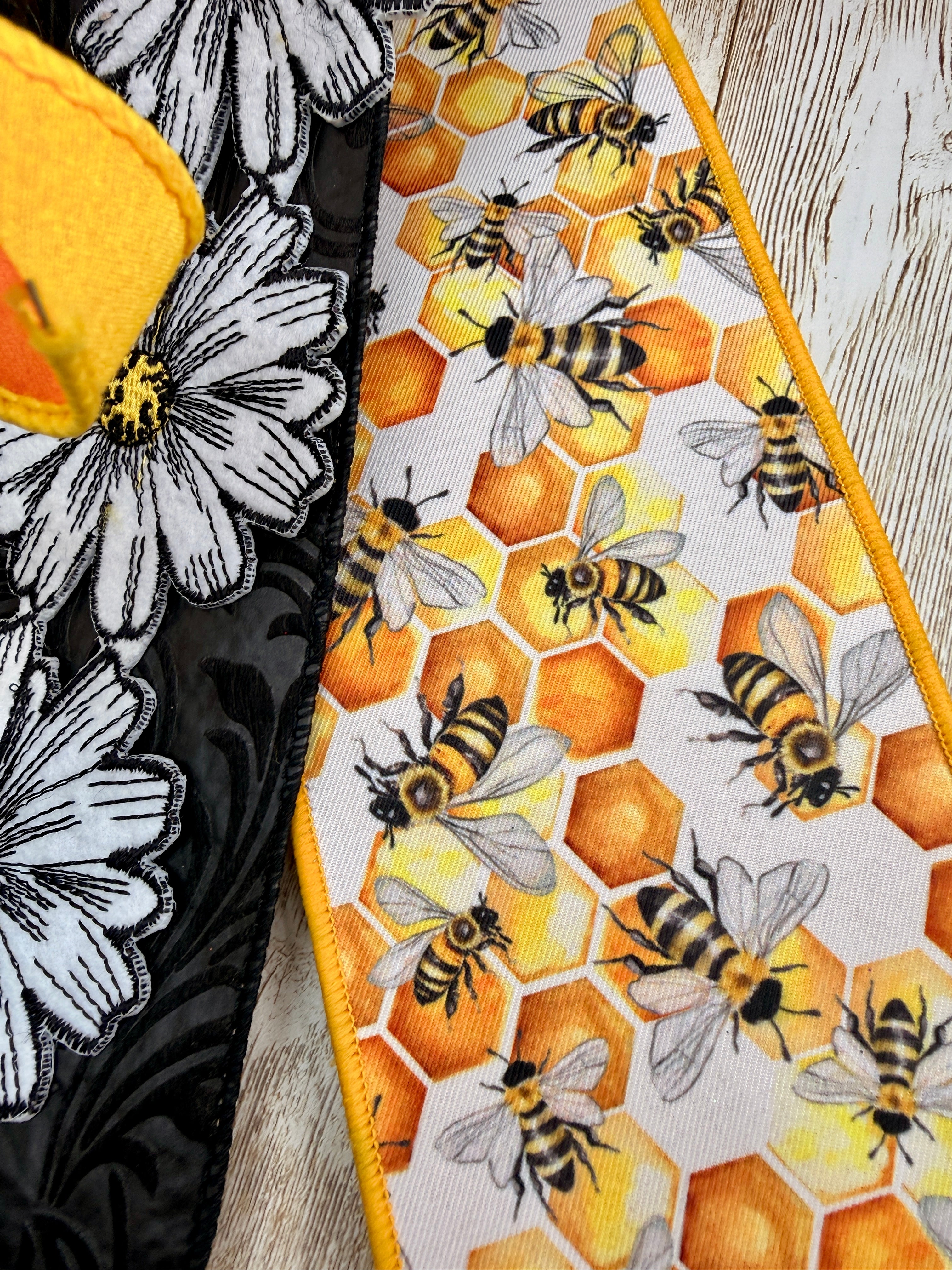 Oversized Bee & Daisy Ribbon Bow – Handmade Spring Summer Statement Bow for Wreaths & Door Decor