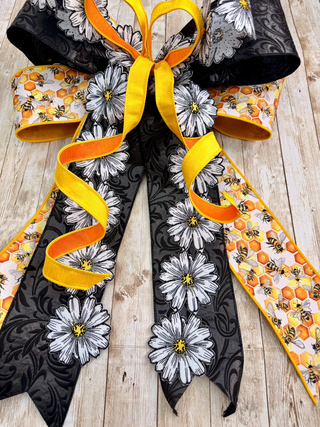 Oversized Bee & Daisy Ribbon Bow – Handmade Spring Summer Statement Bow for Wreaths & Door Decor