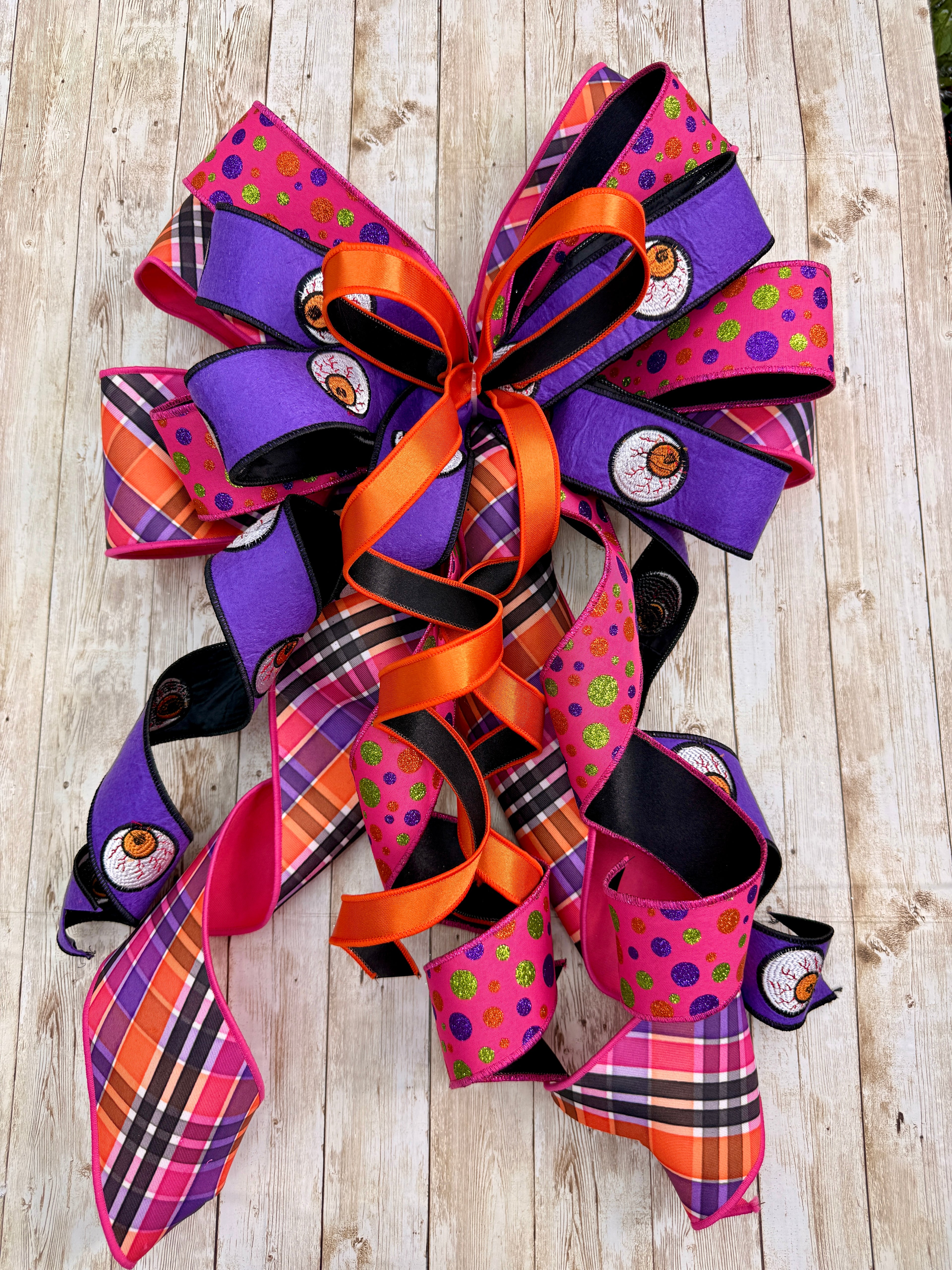 Oversized Halloween Statement Bow – Eye Ribbon, Purple Polka Dot & Plaid Handmade Door & Wreath Bow