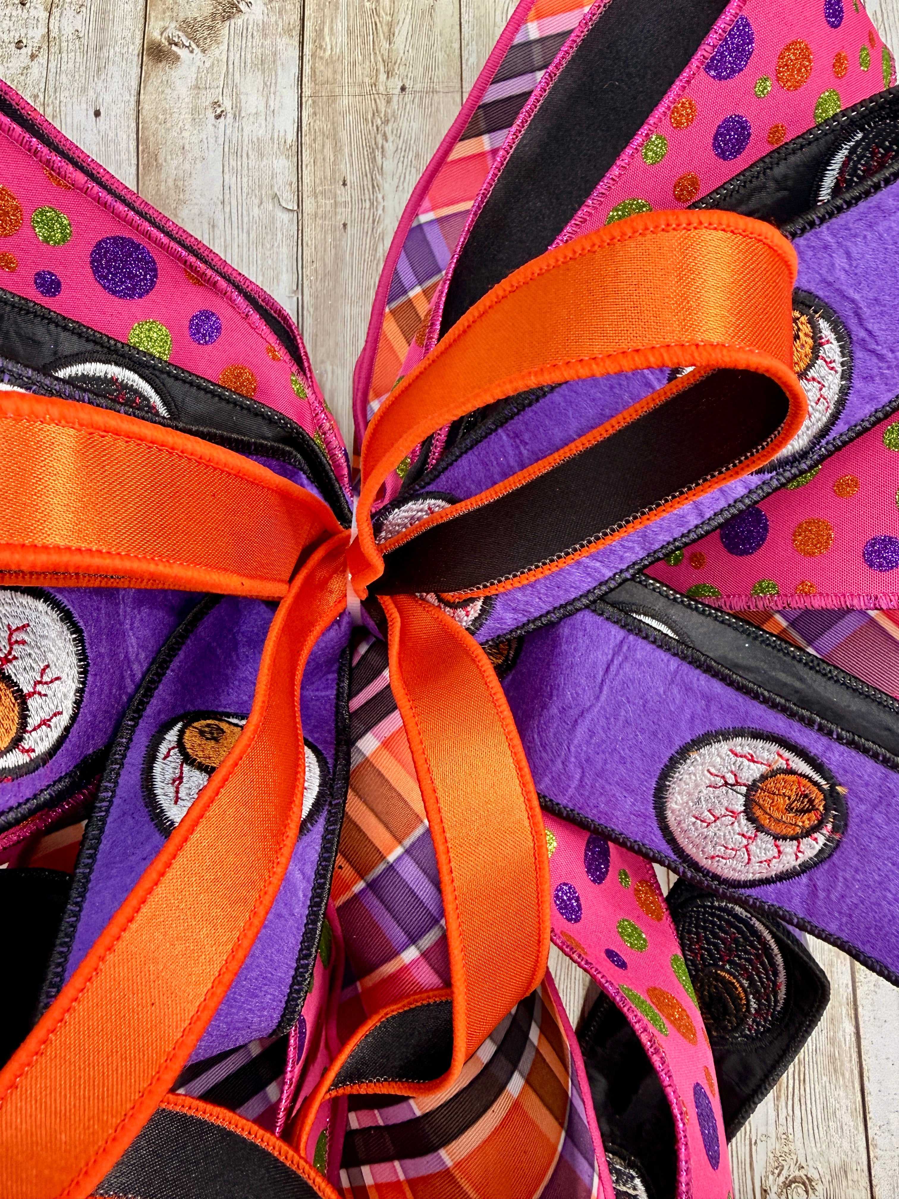 Oversized Halloween Statement Bow – Eye Ribbon, Purple Polka Dot & Plaid Handmade Door & Wreath Bow