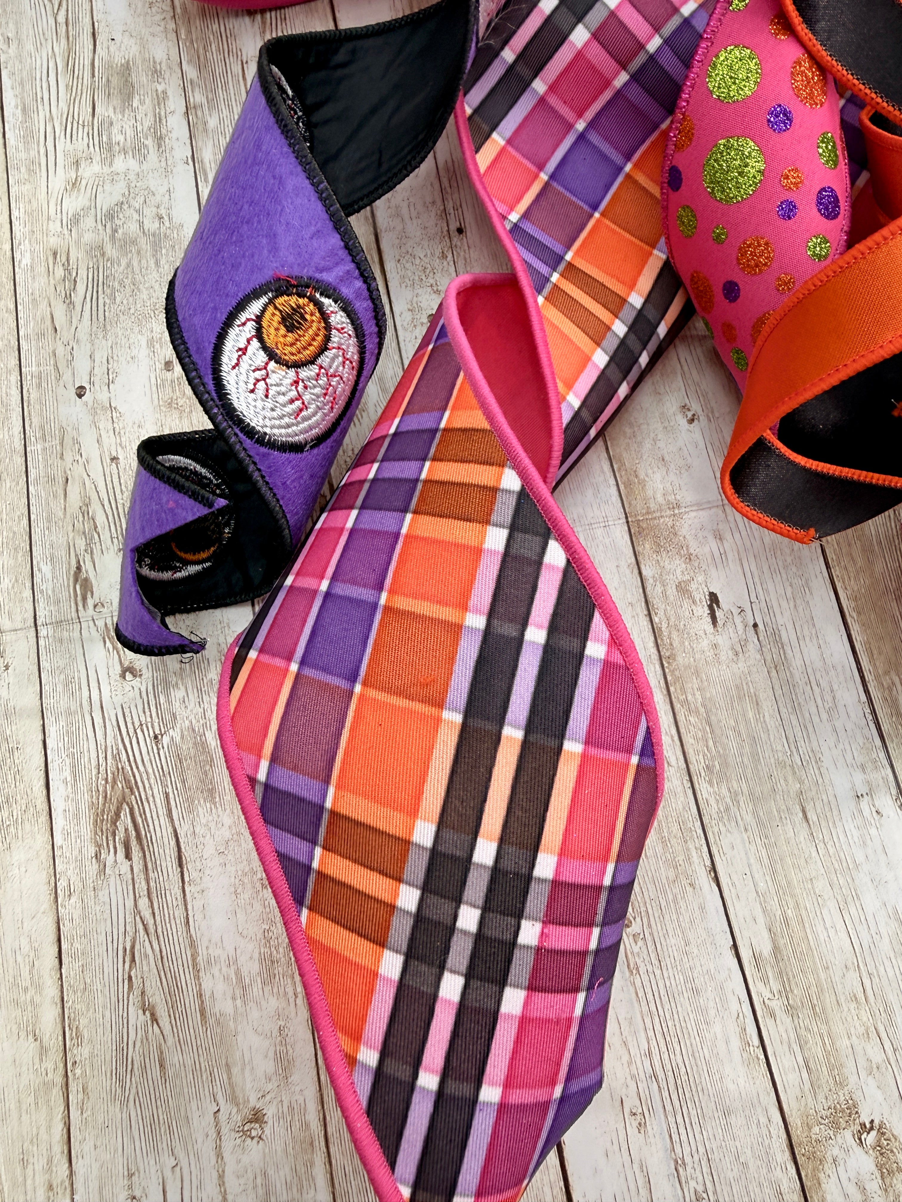 Oversized Halloween Statement Bow – Eye Ribbon, Purple Polka Dot & Plaid Handmade Door & Wreath Bow