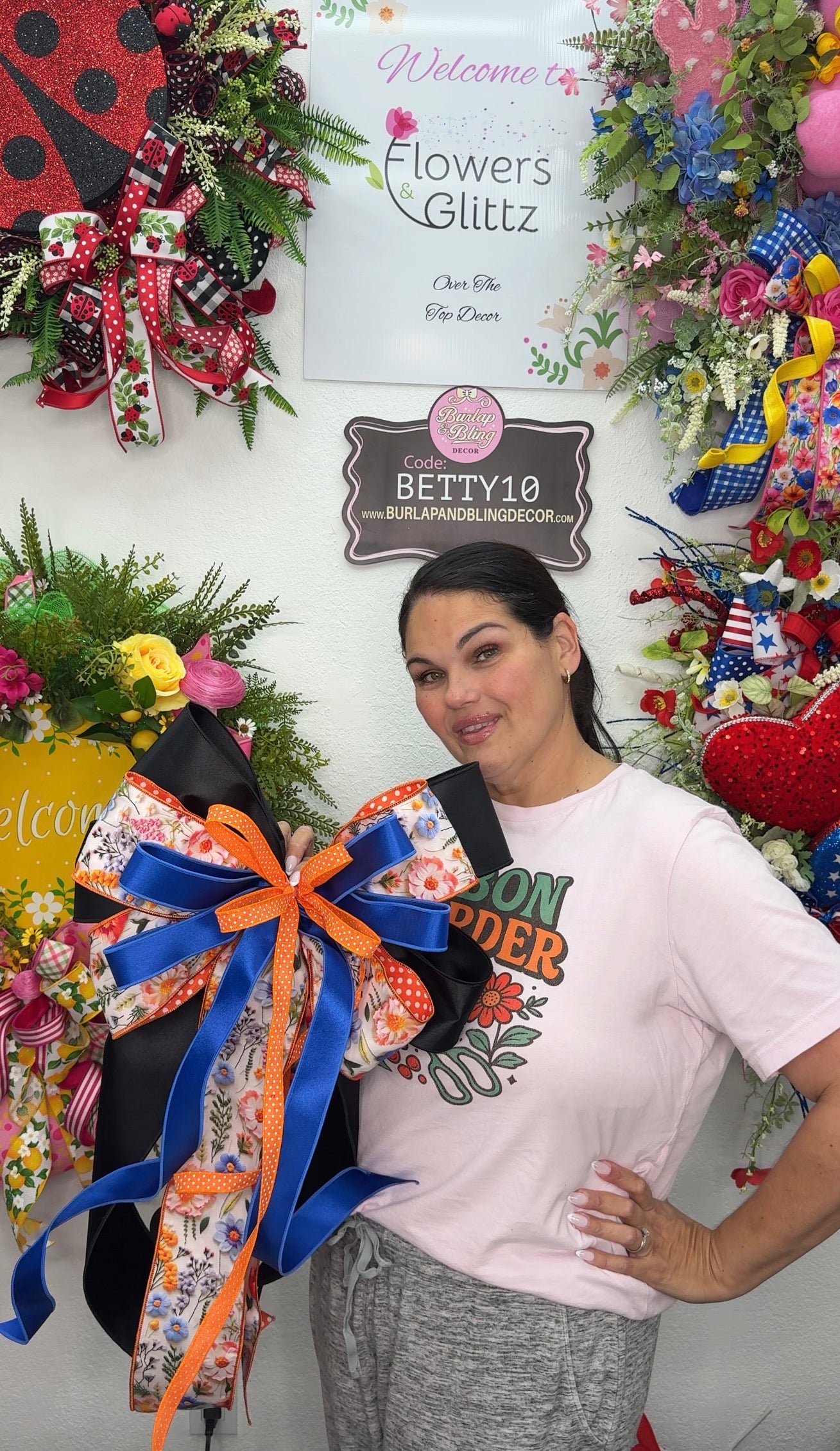 Large Spring Wreath Bow, Floral and Polka Dot Lantern Bow, Blue and Orange Summer Front Door Decor, Large Multi-Layered Designer Ribbon Bow