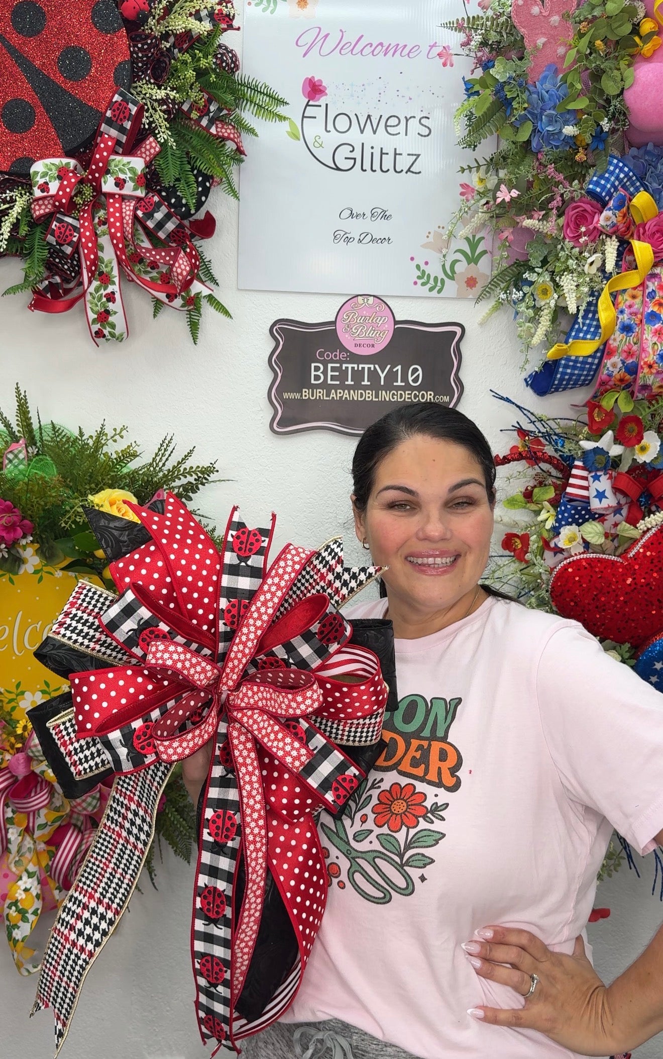 Large Ladybug Wreath Bow, Red and Black Polka Dot Lantern Bow, Farmhouse Buffalo Plaid Summer Decor, Large Spring Front Door Bow, Ladybug Garden Swag