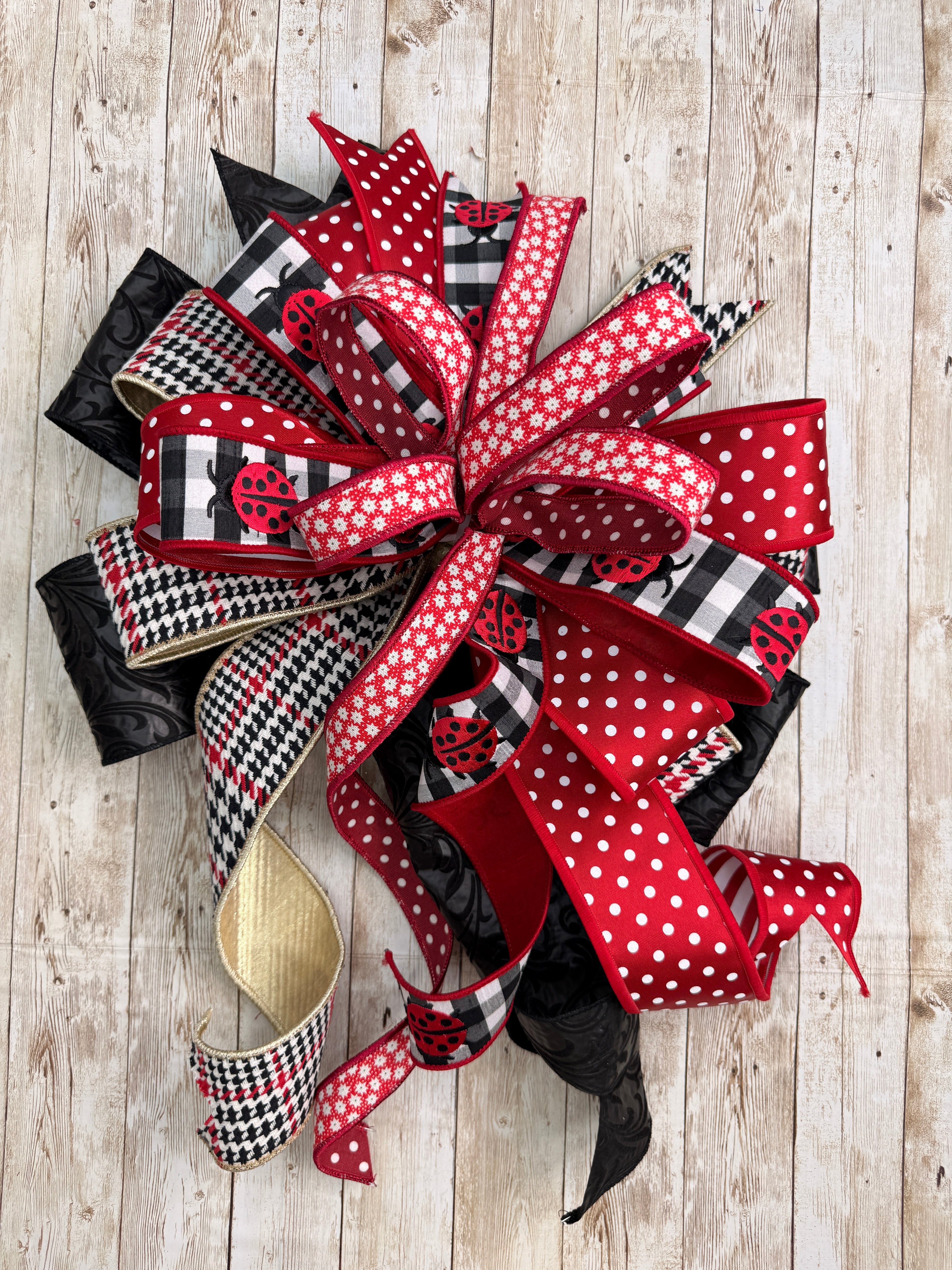 Large Ladybug Wreath Bow, Red and Black Polka Dot Lantern Bow, Farmhouse Buffalo Plaid Summer Decor, Large Spring Front Door Bow, Ladybug Garden Swag
