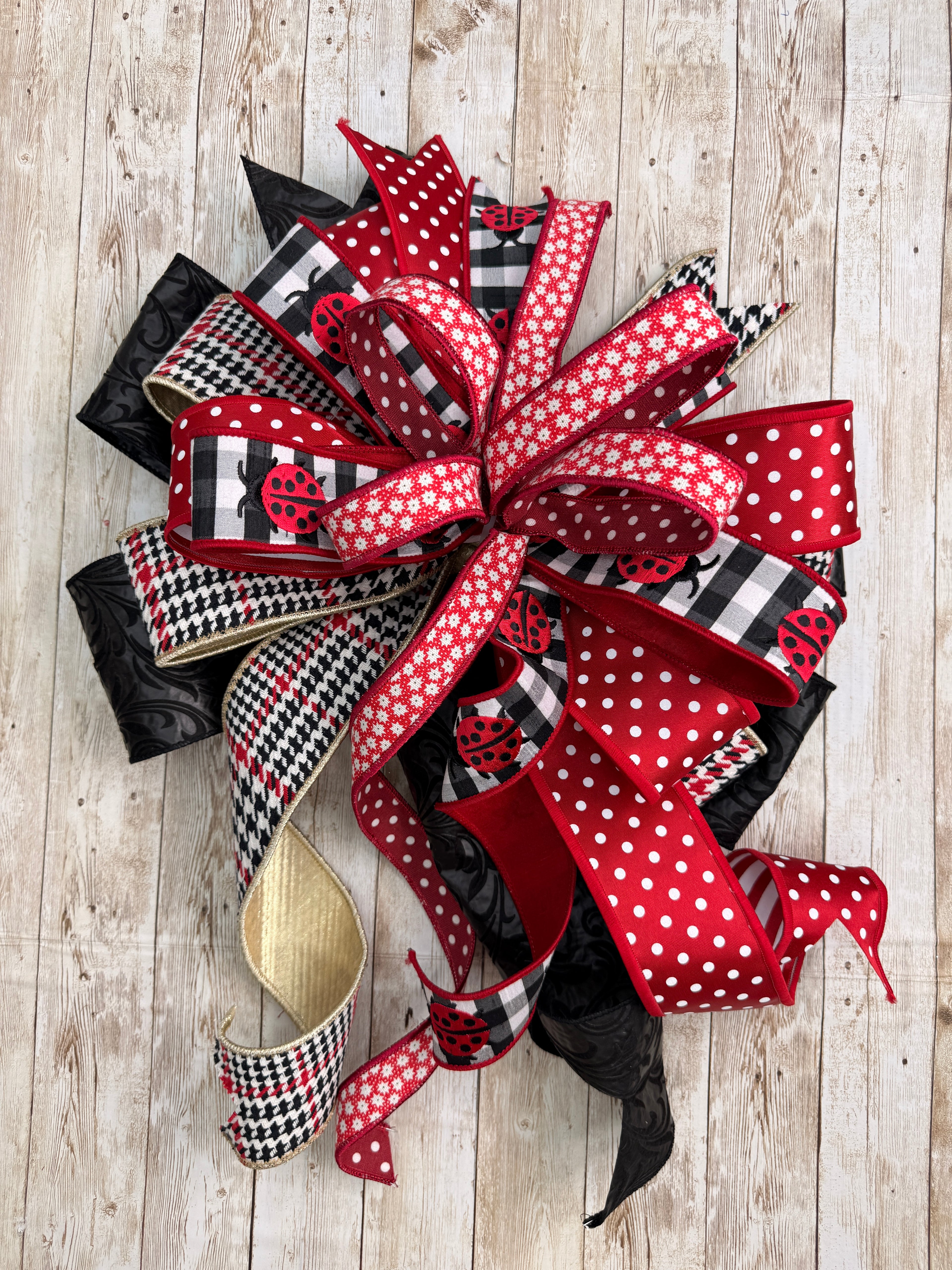 Large Ladybug Wreath Bow, Red and Black Polka Dot Lantern Bow, Farmhouse Buffalo Plaid Summer Decor, Large Spring Front Door Bow, Ladybug Garden Swag