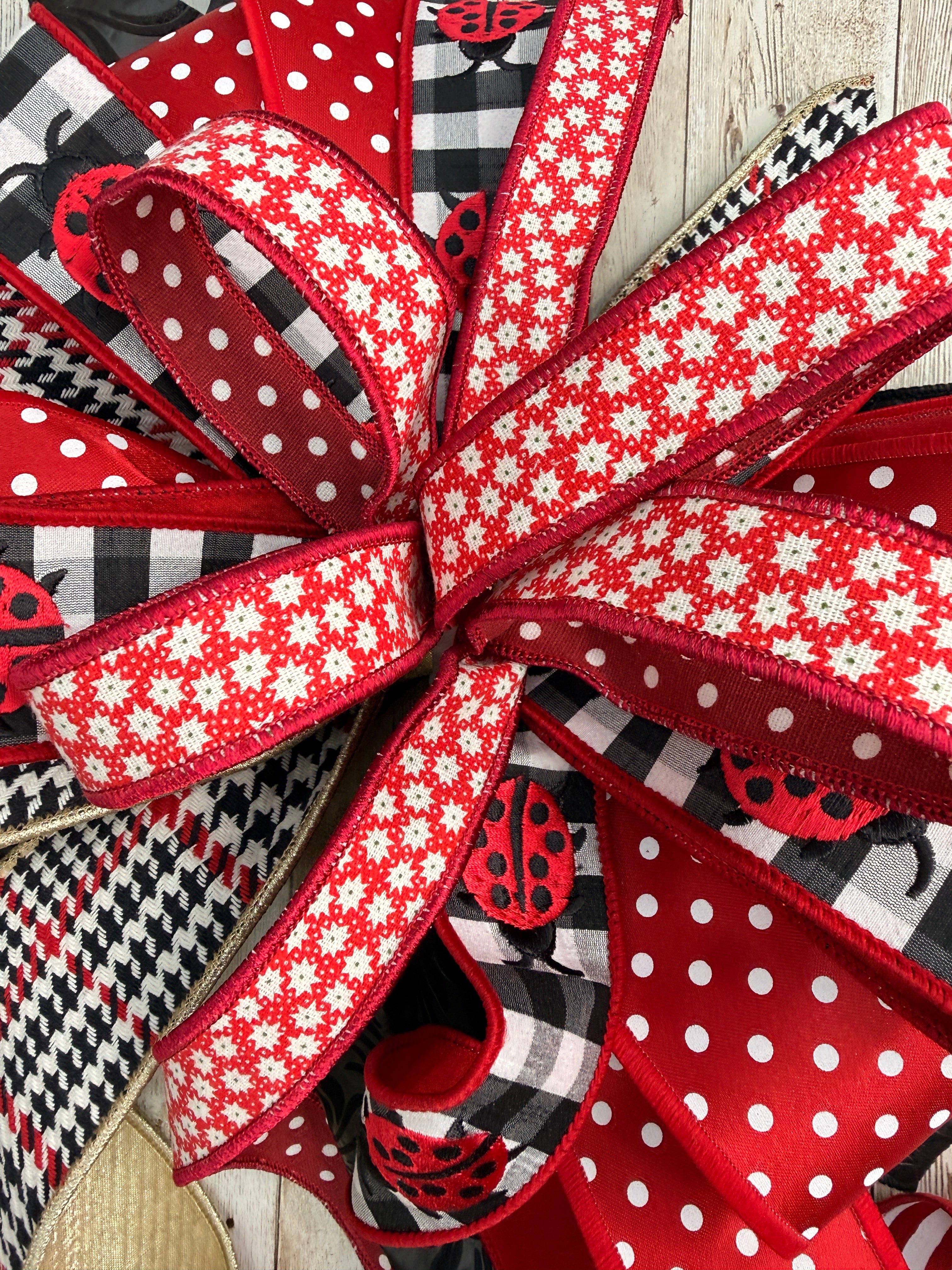 Large Ladybug Wreath Bow, Red and Black Polka Dot Lantern Bow, Farmhouse Buffalo Plaid Summer Decor, Large Spring Front Door Bow, Ladybug Garden Swag