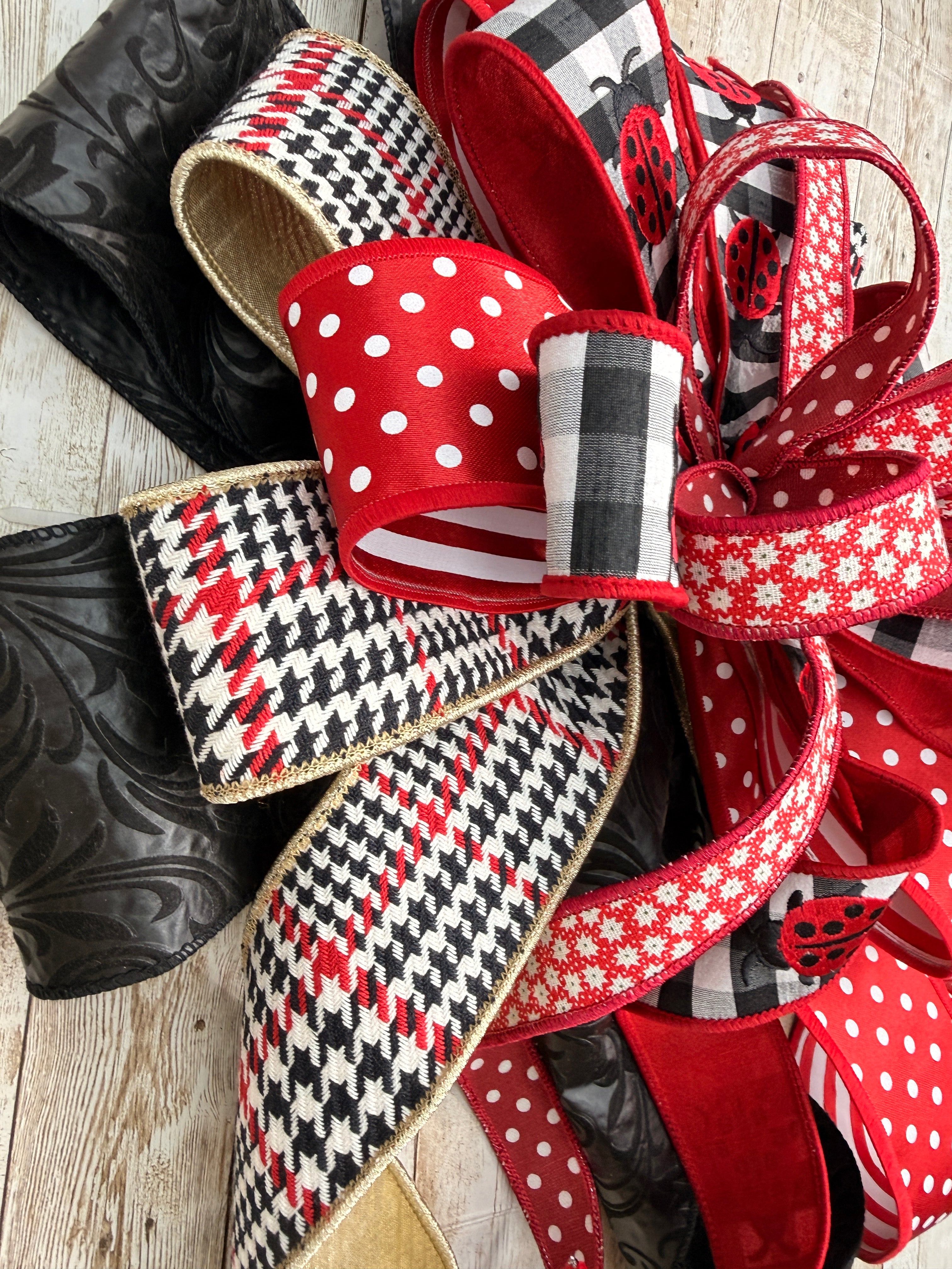 Large Ladybug Wreath Bow, Red and Black Polka Dot Lantern Bow, Farmhouse Buffalo Plaid Summer Decor, Large Spring Front Door Bow, Ladybug Garden Swag