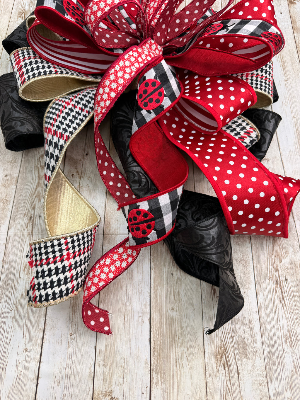 Large Ladybug Wreath Bow, Red and Black Polka Dot Lantern Bow, Farmhouse Buffalo Plaid Summer Decor, Large Spring Front Door Bow, Ladybug Garden Swag