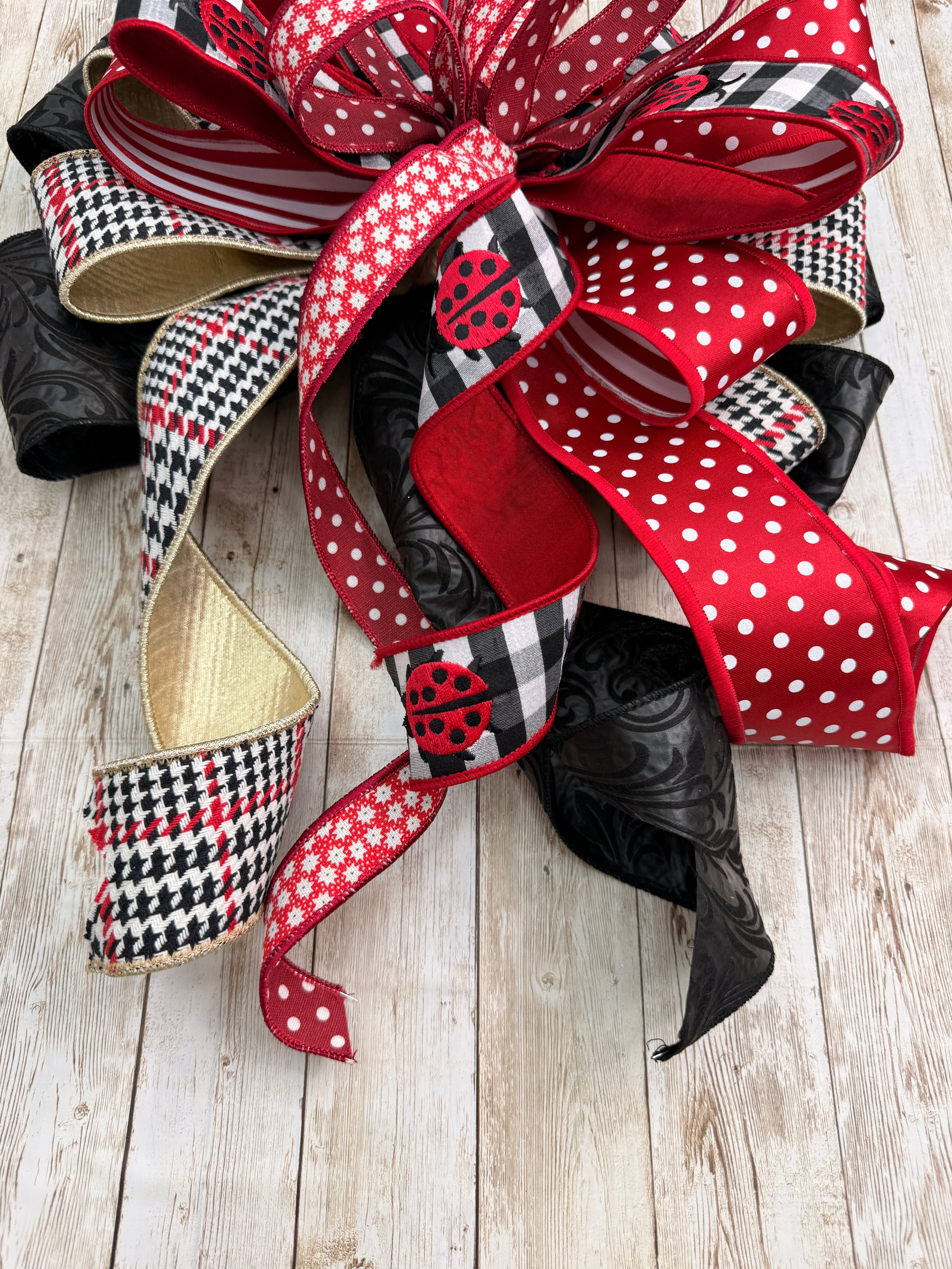 Large Ladybug Wreath Bow, Red and Black Polka Dot Lantern Bow, Farmhouse Buffalo Plaid Summer Decor, Large Spring Front Door Bow, Ladybug Garden Swag